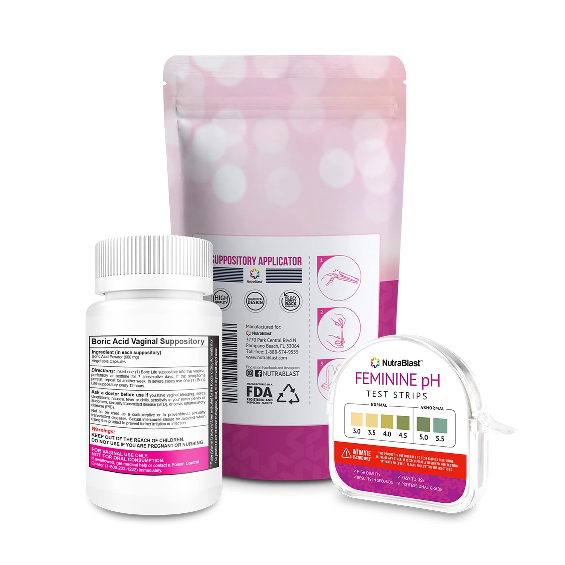 NutraBlast Boric Acid Vaginal Suppositories 600mg (30 Count) w/Disposable Vaginal Suppository NutraBlast