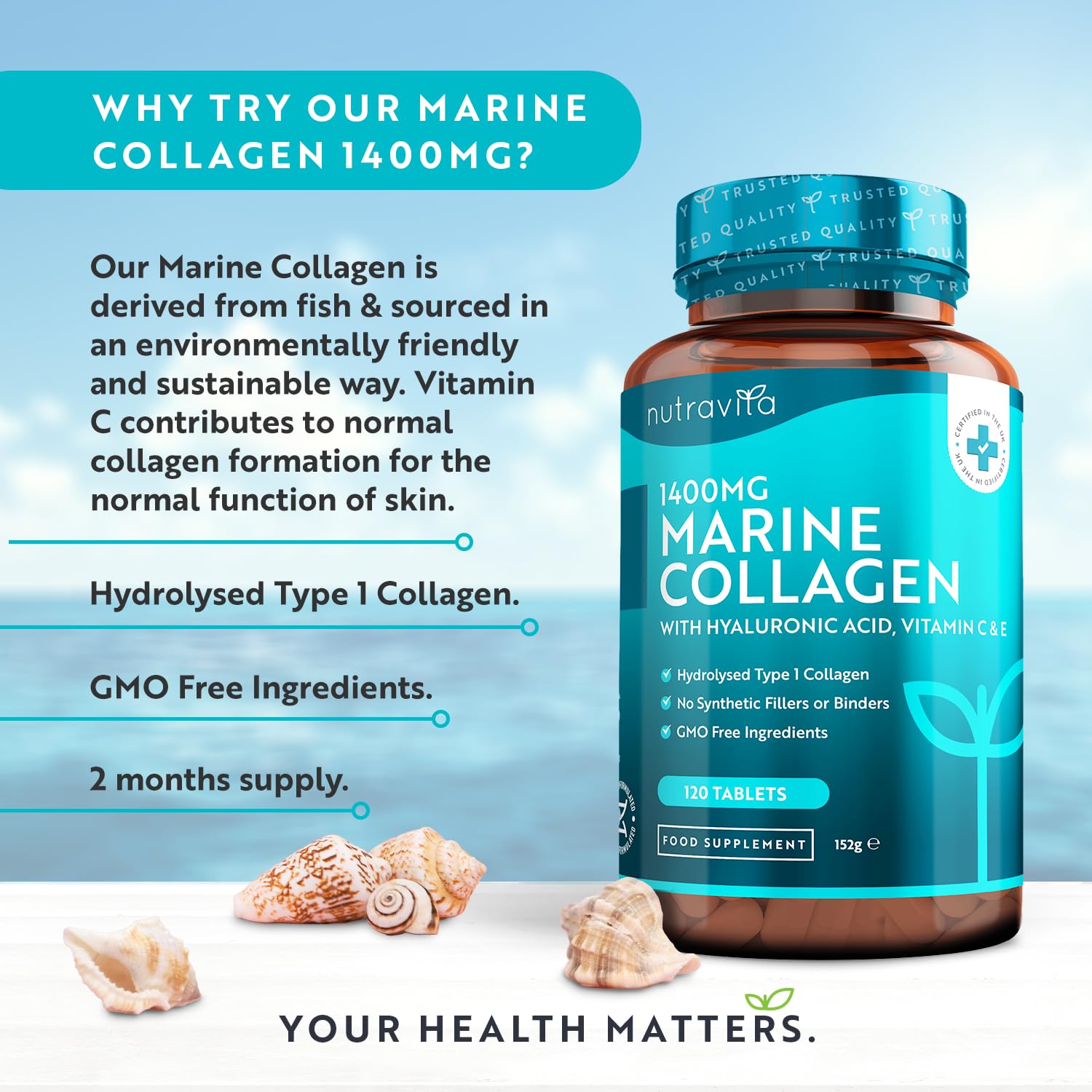 Marine Collagen Tablets 1400mg Enhanced with Hyaluronic Acid - Hydrolysed Supplements for Women and Men Nutravita
