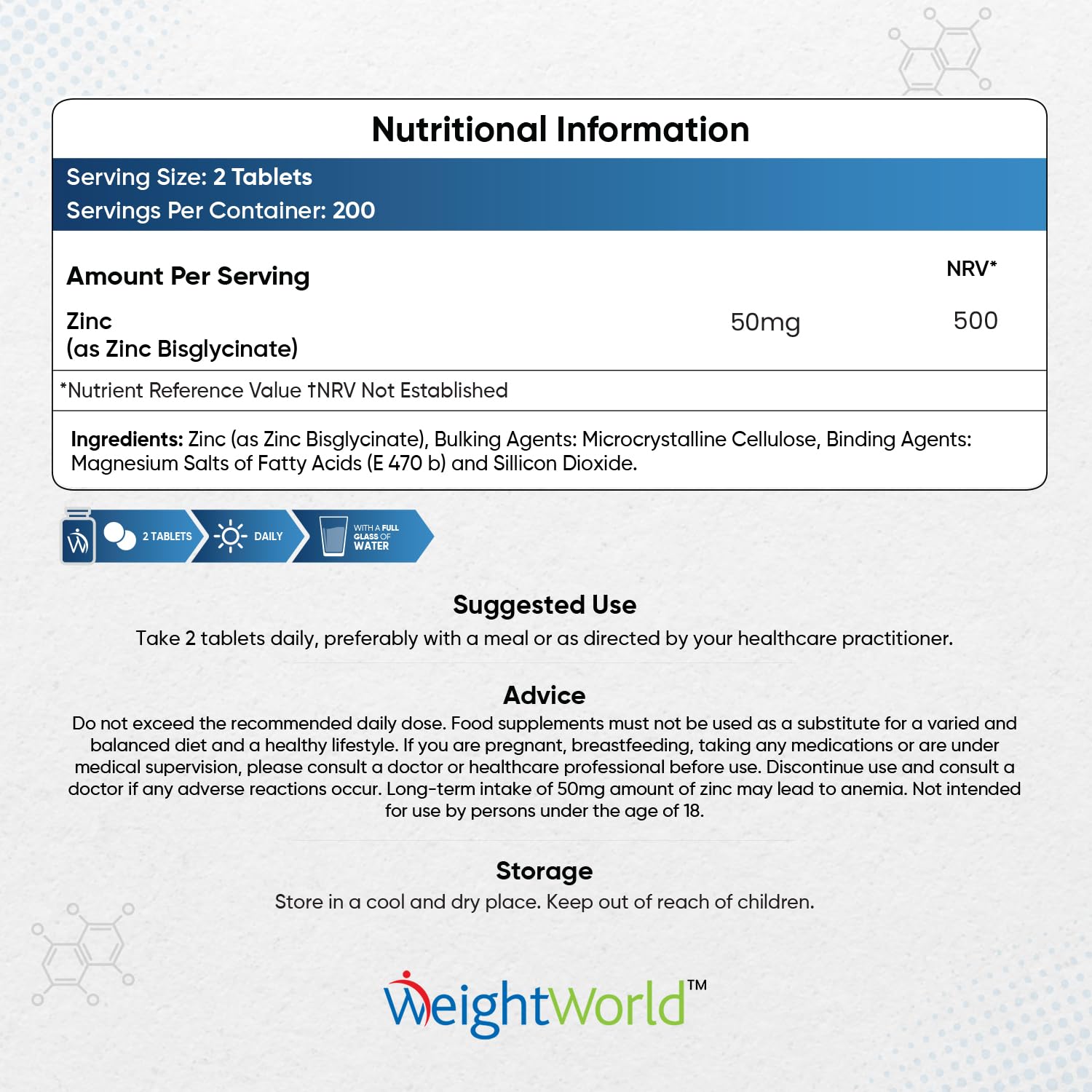 High Strength Zinc Tablets 50mg – 400 Vegan Zinc Bisglycinate Tablets 6+ Months WeightWorld