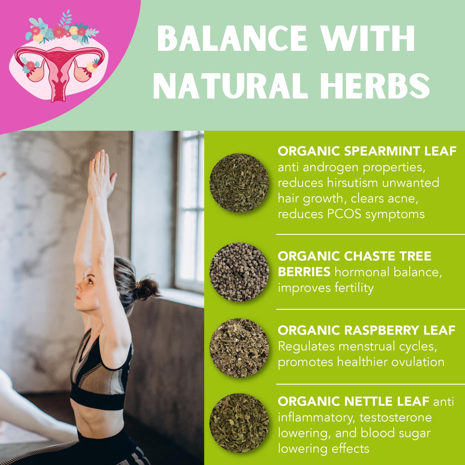 PCOS Cystem Tea with Organic Red Raspberry Leaf, Vitex, Spearmint Tea Supports Fertility PCOS Herbal Tea