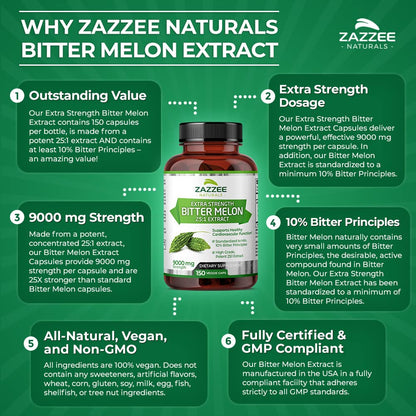 Zazzee Extra Strength Bitter Melon 25:1 Extract, 9000 mg Strength, 10% Bitter Principles