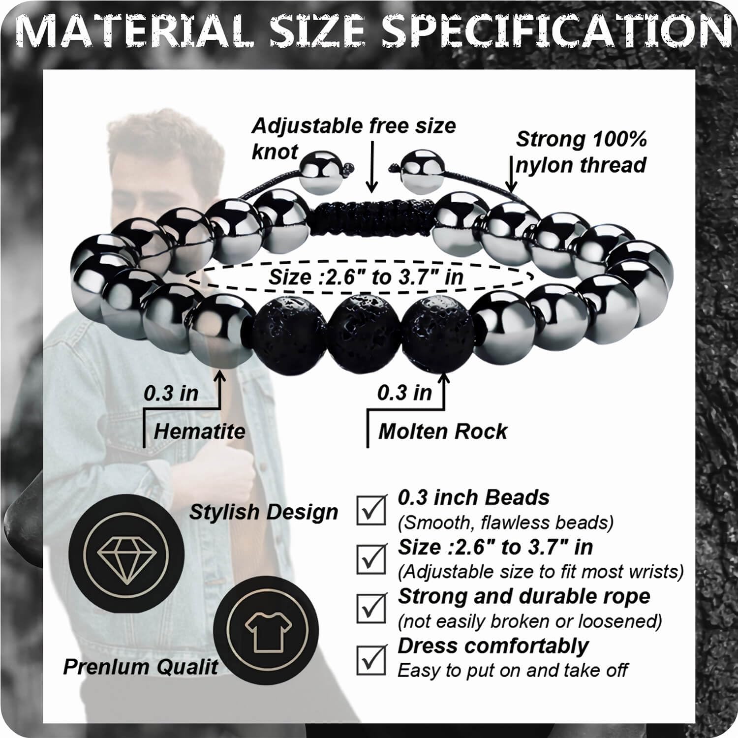 RENZHI-Magnetic Hematite Bracelet–Beaded Magnetic Bracelets for Men and Women RENZHI