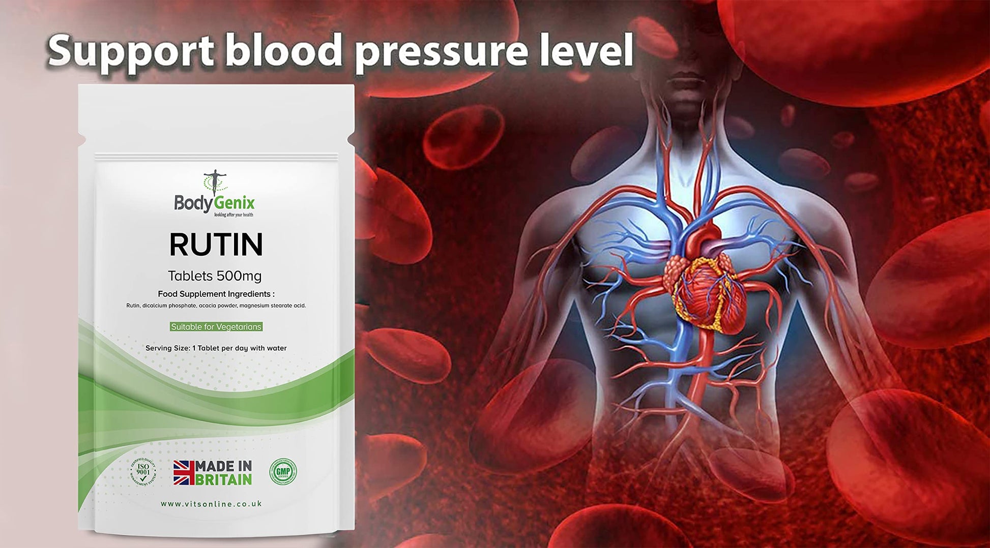 Bodygenix Rutin 500mg Tablets CAPILLARIES, VARICOSE Veins, Hemorrhoids Veg Friendly - UK Made (120) 4 Month Supply Bodygenix