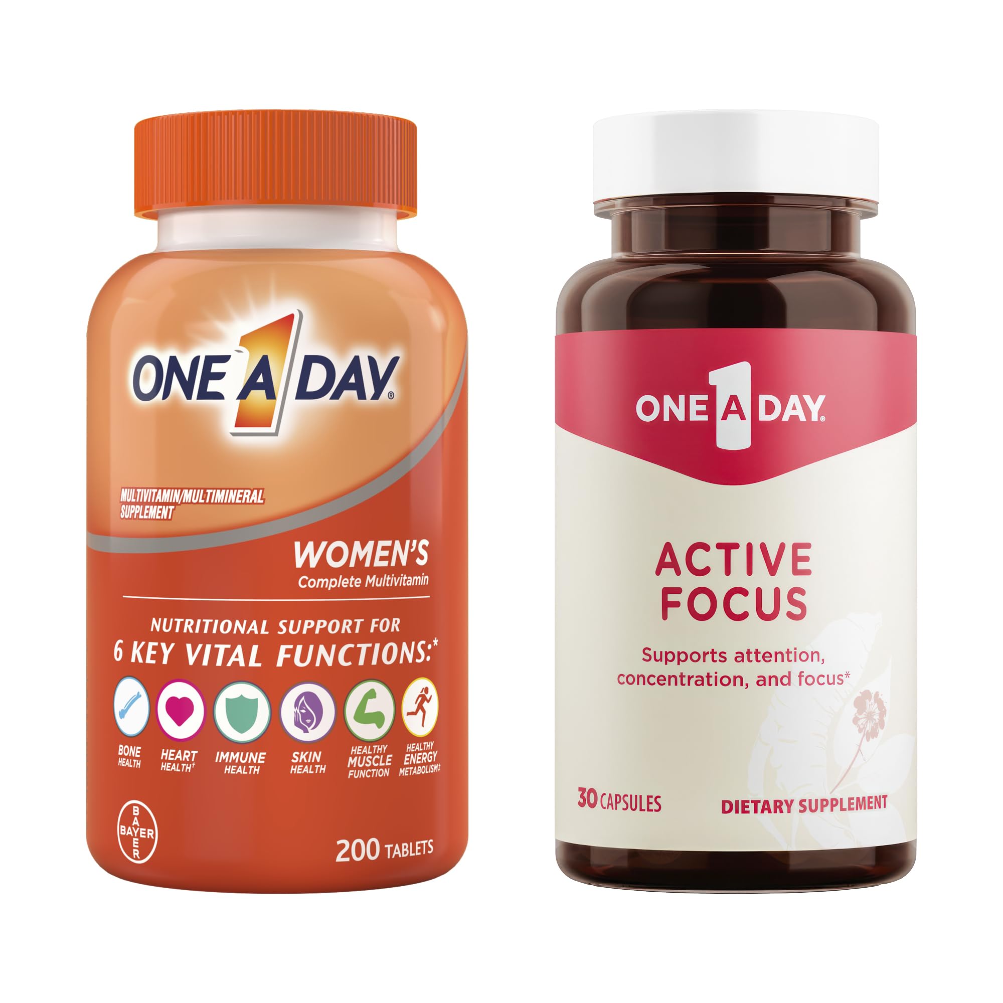ONE A DAY Bundle Multivitamin for Women 200 Count Tablets Active Focus Supplement