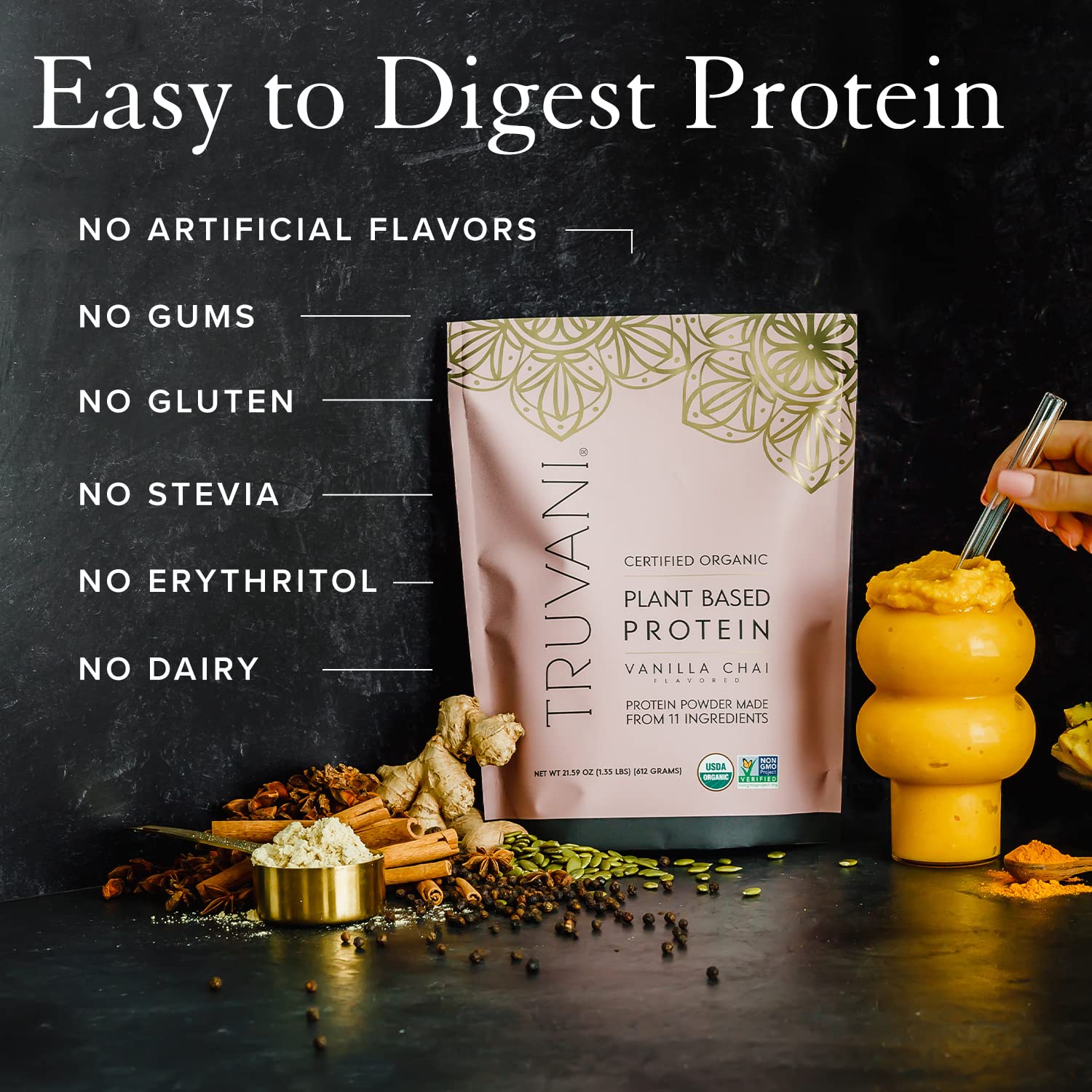 Truvani Organic Vegan Protein Powder Vanilla Chai - 20g of Plant Based Protein, Organic Truvani