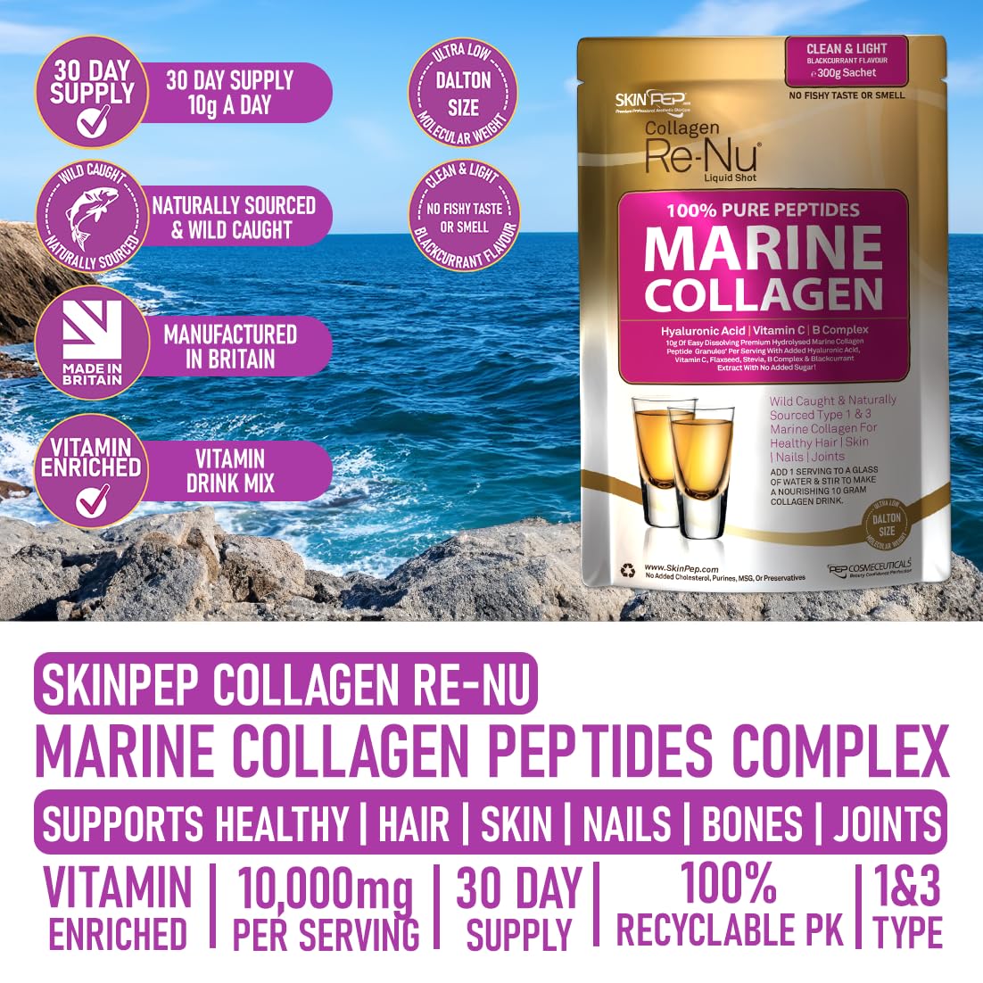 Premium Hydrolysed Marine Collagen Peptide Powder + VIT C, B Complex Hyaluronic Acid, & Stevia. Delicious Taste/No Fishy Smell - SkinPep® Collagen Re-Nu 300g - 30 Days Supply SkinPep