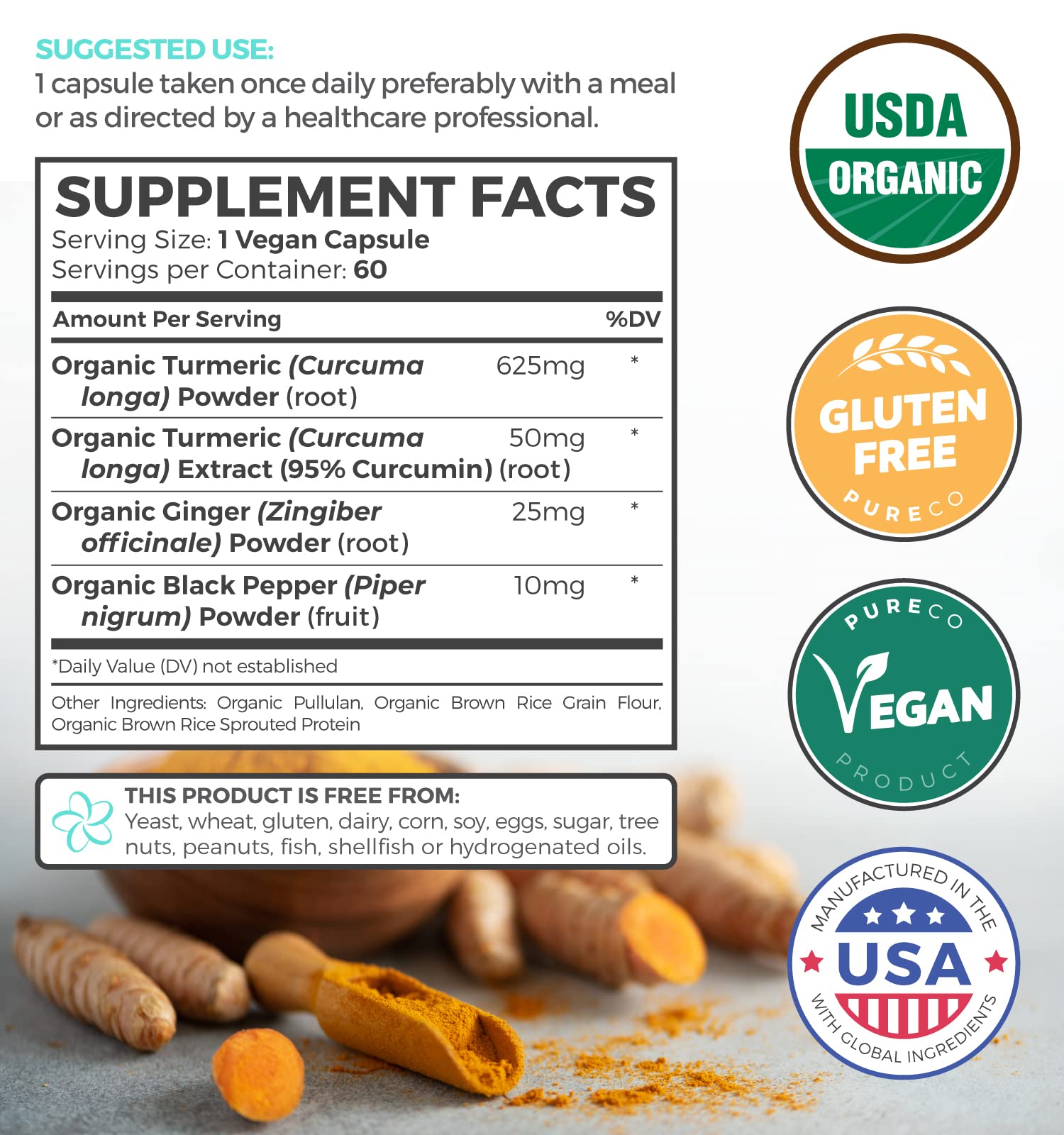 USDA Organic Turmeric Curcumin with Black Pepper and Ginger (2 Month Supply) PURE CO