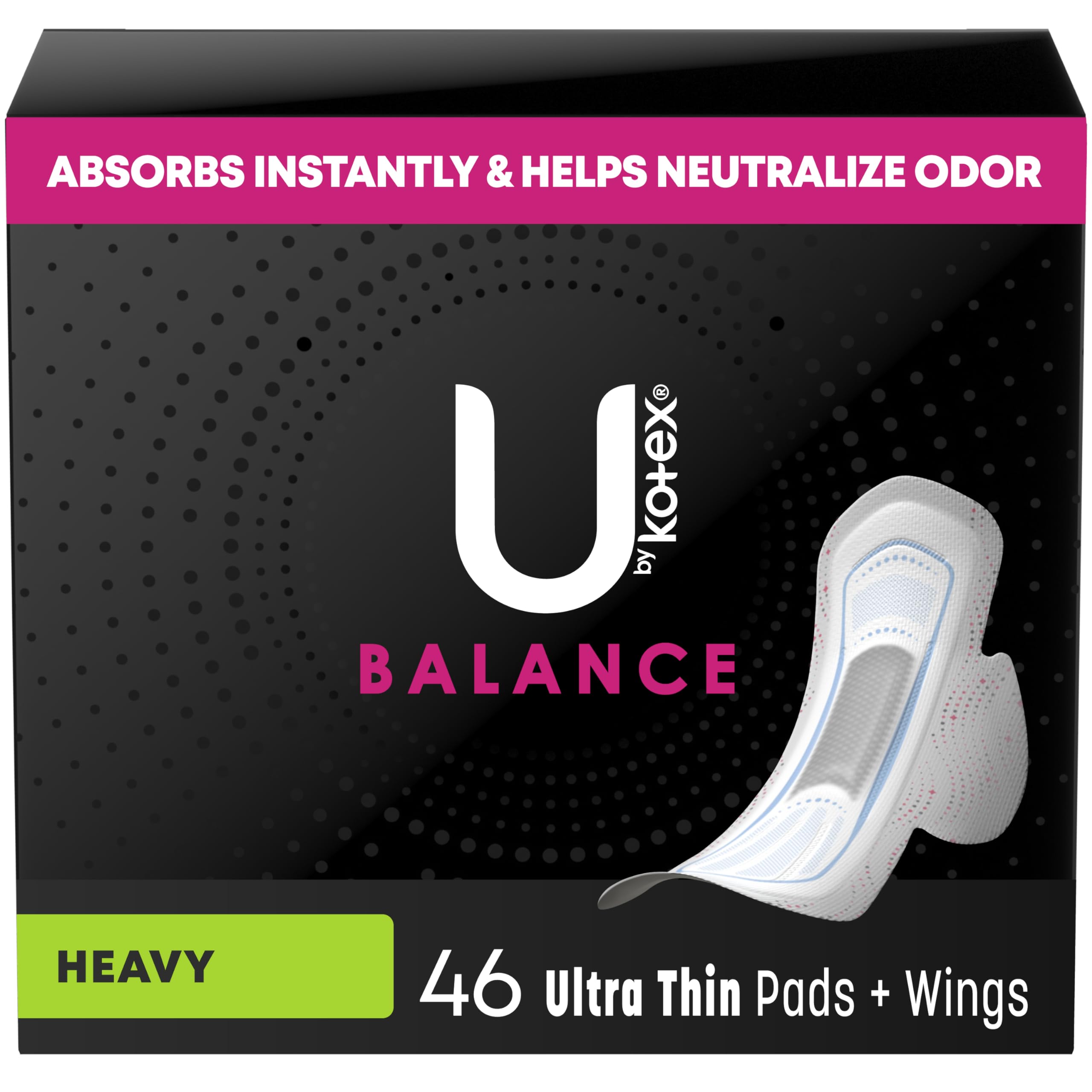 U by Kotex Balance Ultra Thin Pads with Wings, Heavy Absorbency, 46 Count (Packaging May Vary)