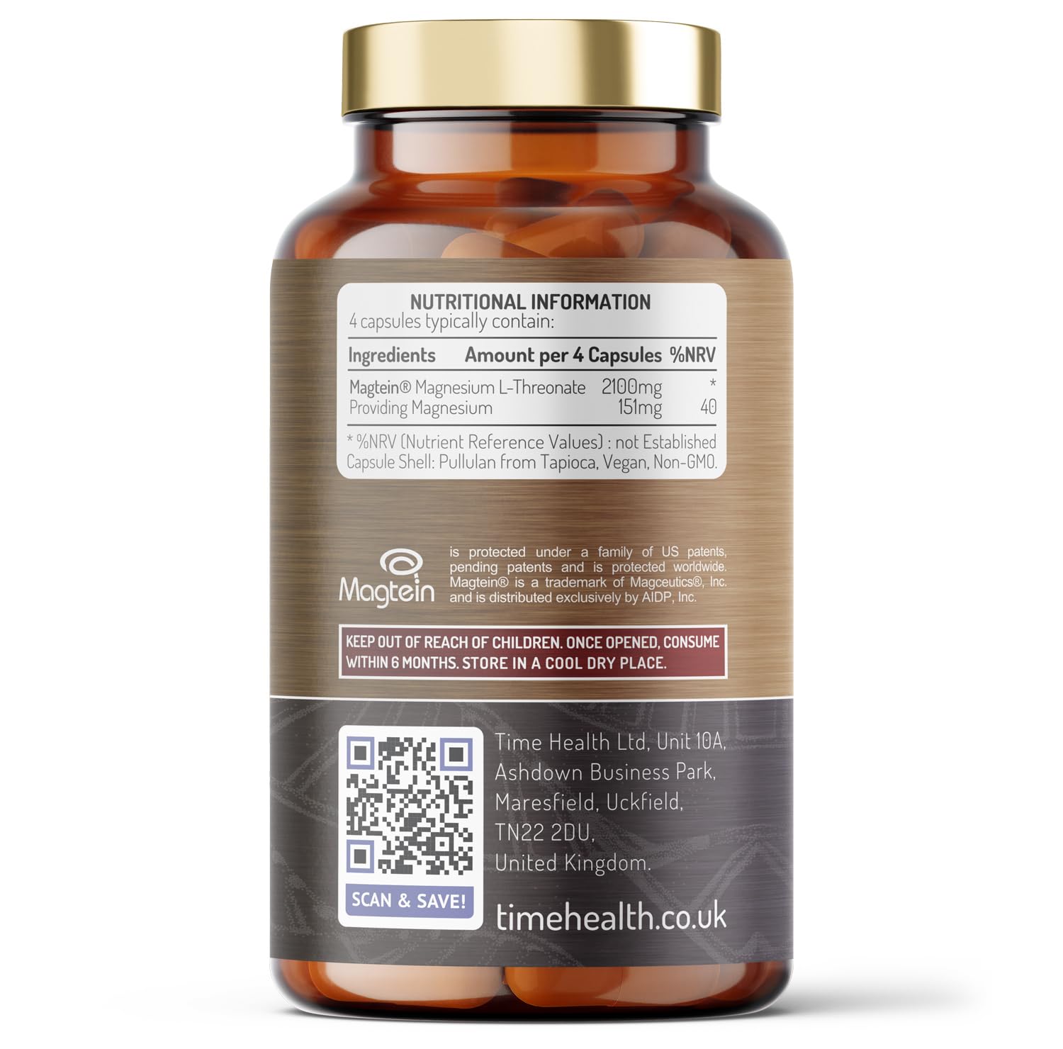 Magtein® Magnesium – 120 Capsules – High Strength 2100mg – Highly Bioavailable Time Health