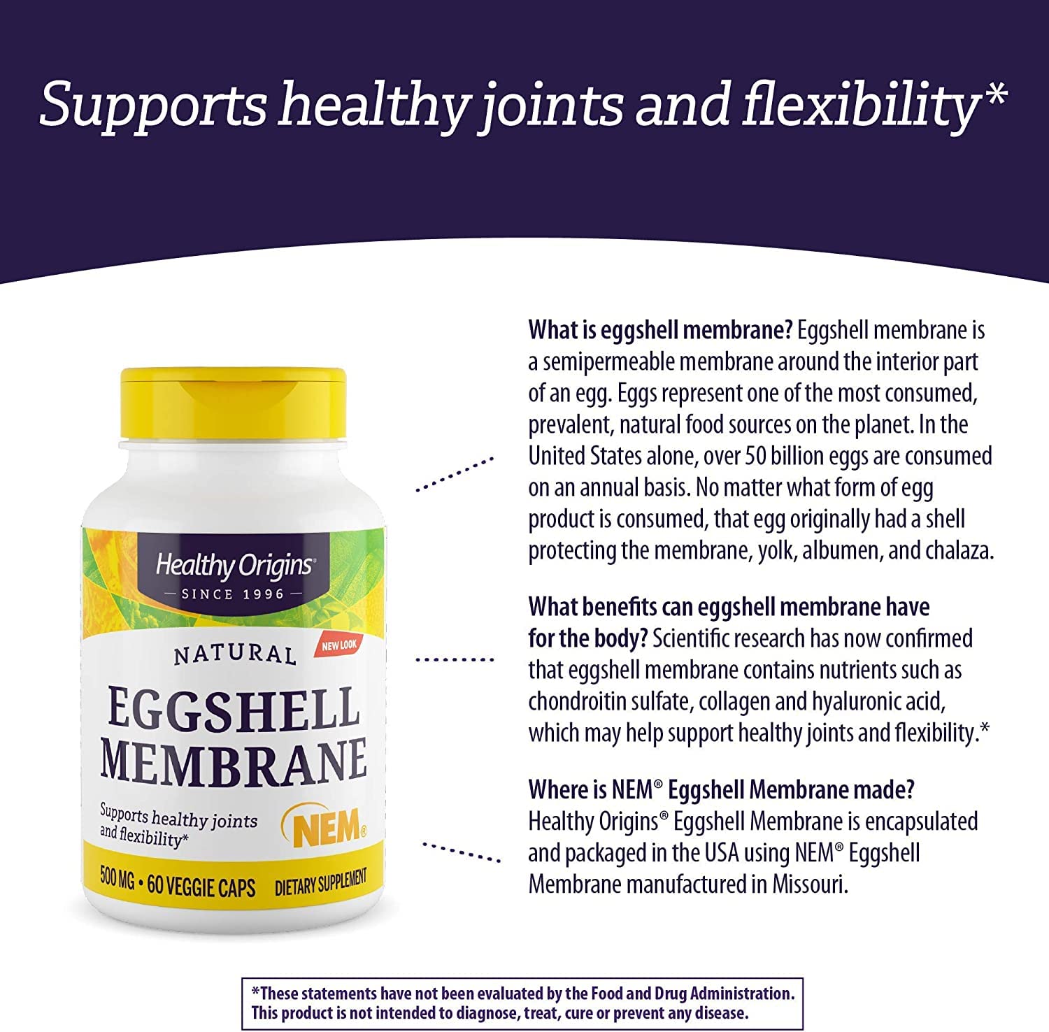 Healthy Origins Eggshell Membrane (NEM), 500 mg - Natural Collagen and Joint Support Healthy Origins