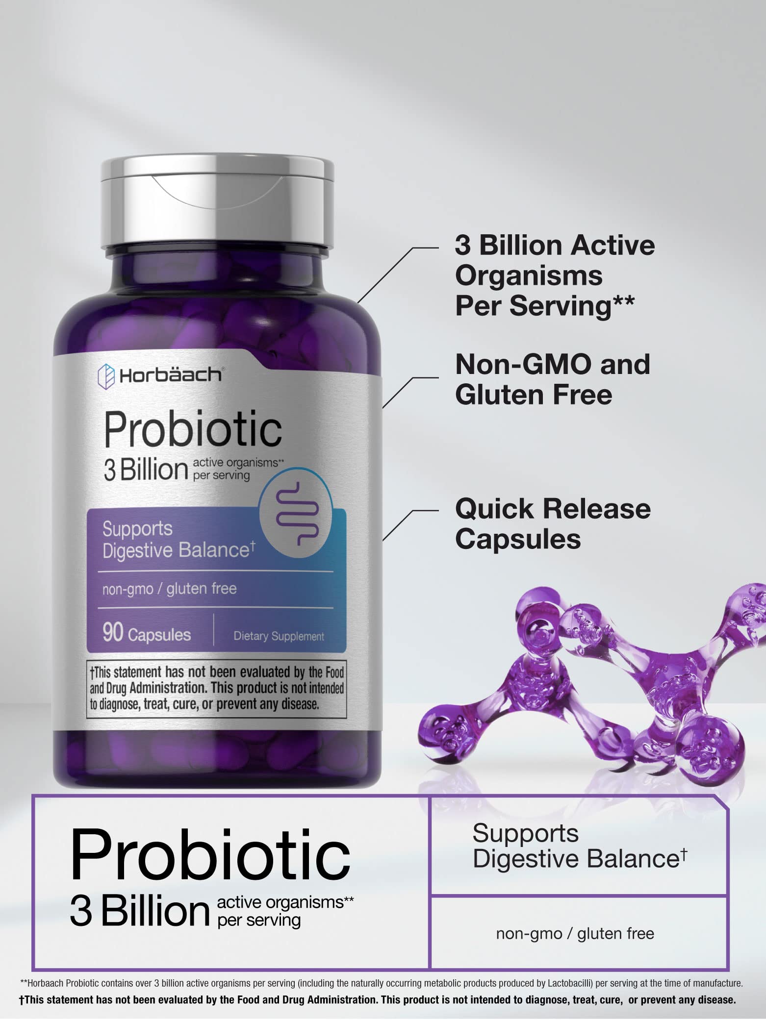 Probiotic for Women & Men's Digestive Health | 3 Billion CFU | 90 Capsules | Non-GMO Horbäach
