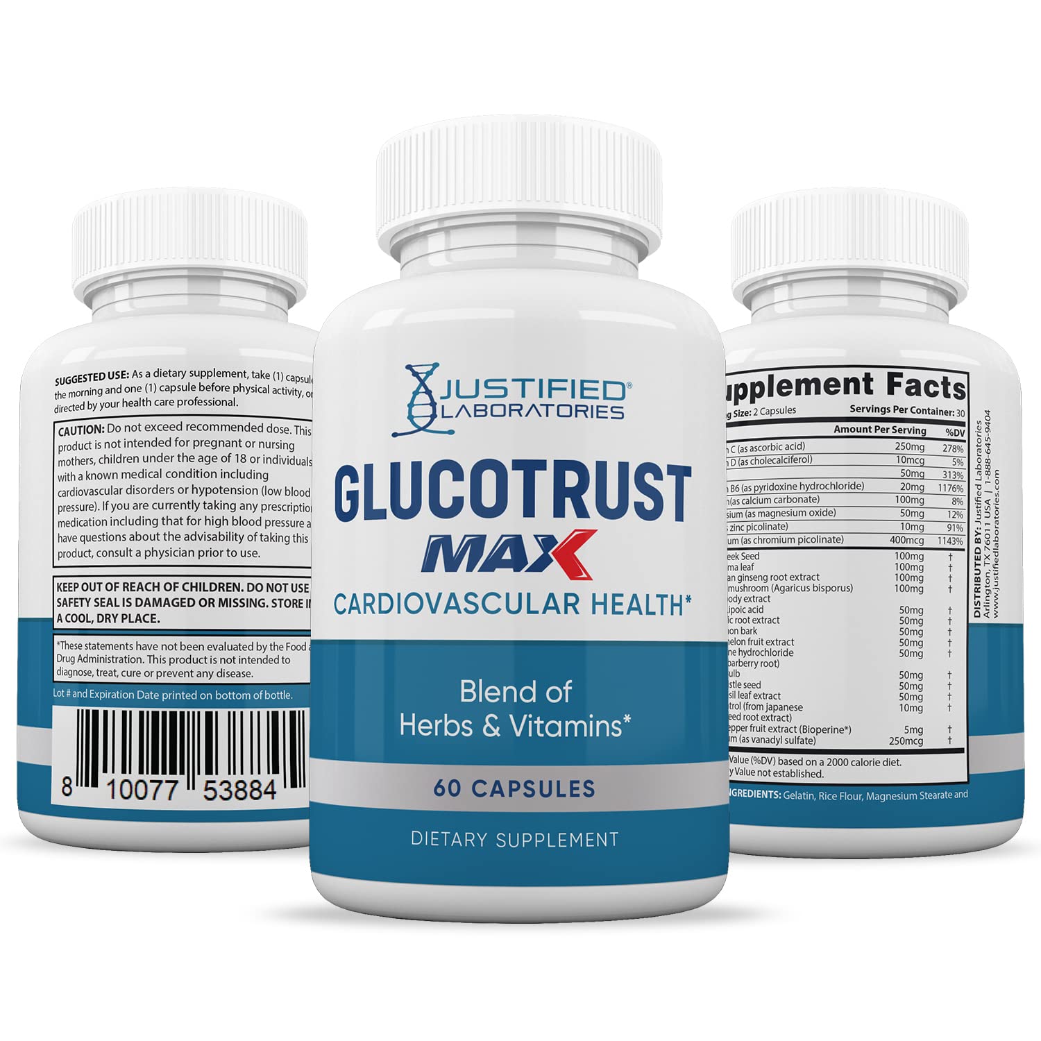 Justified Laboratories (5 Pack) Glucotrust Max 1295MG Formula Supplement Pills 300 cap Justified Laboratories
