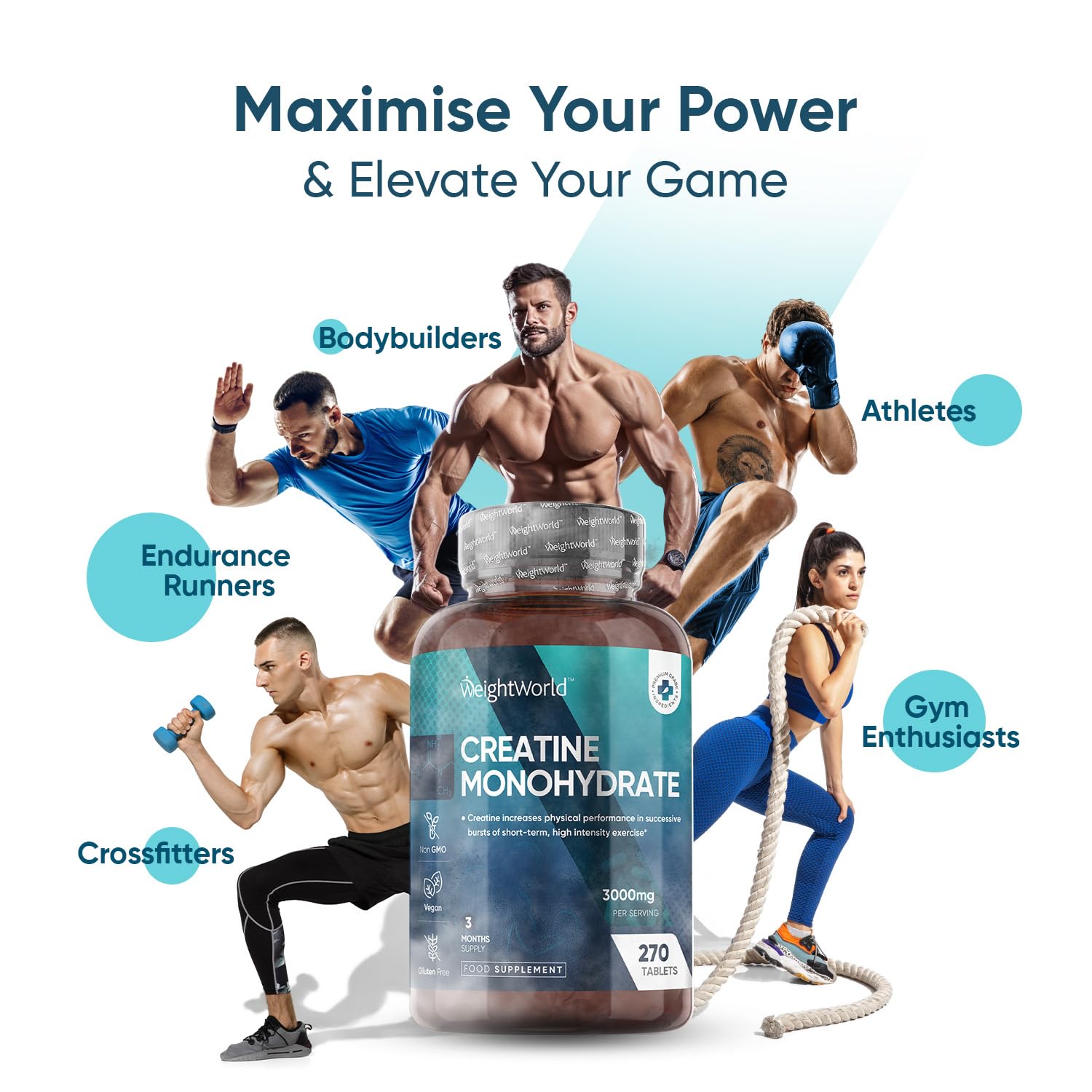 Creatine Monohydrate 3000mg - 270 Tablets - Gym Energy Supplement for Men & Women WeightWorld