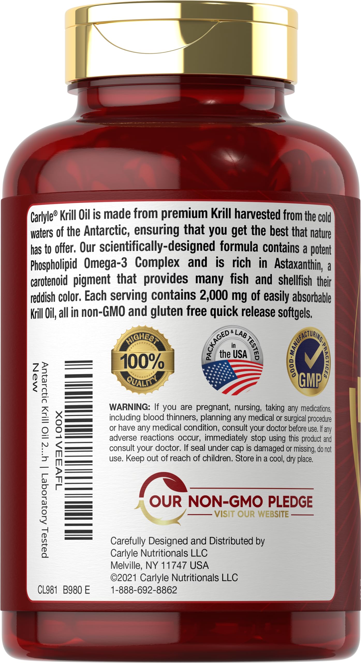 Carlyle Antarctic Krill Oil 2000 mg 120 Softgels | Omega-3 EPA, DHA, with Astaxanthin Carlyle