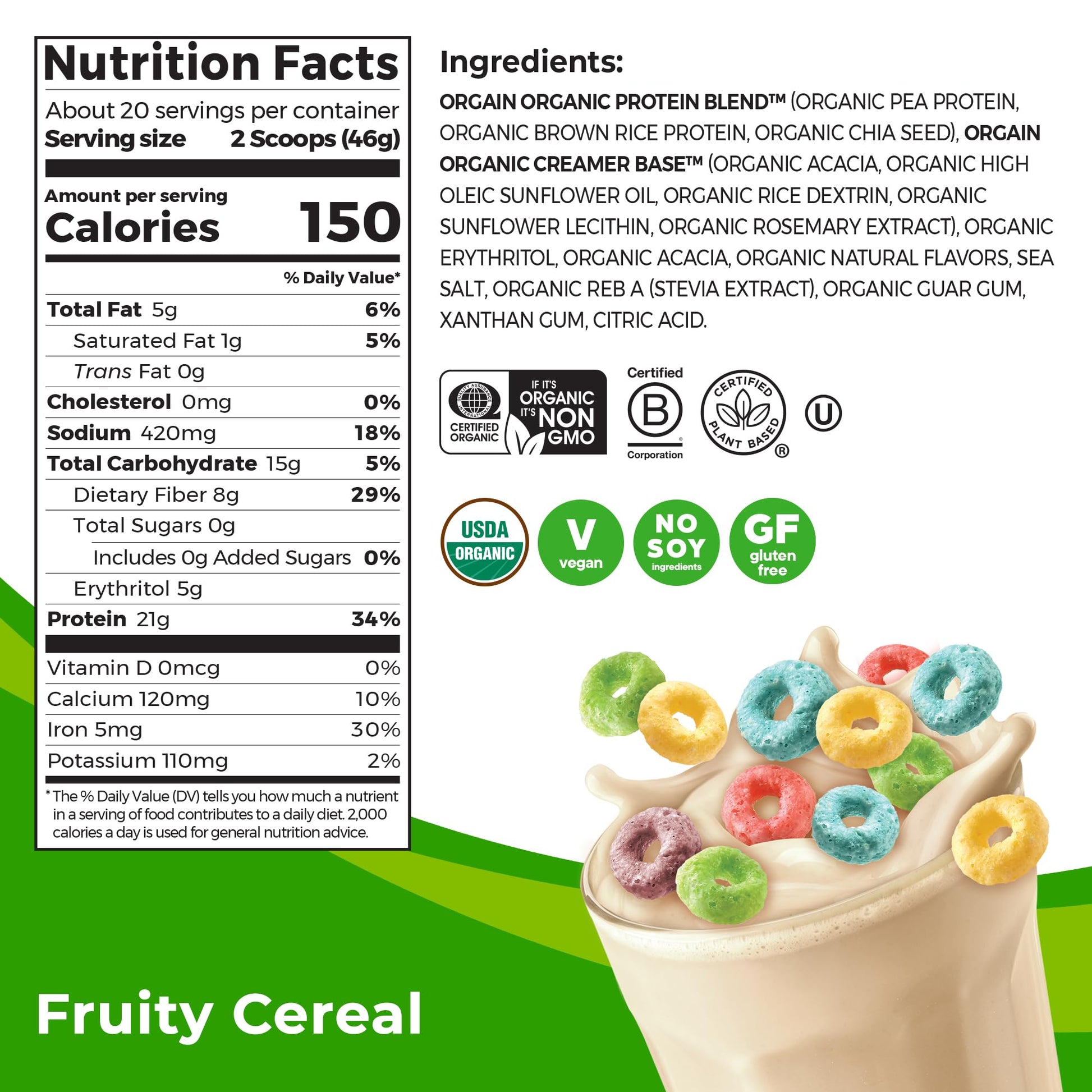 Orgain Organic Vegan Protein Powder, Fruity Cereal - 21g Plant Based Protein, Gluten Free Orgain