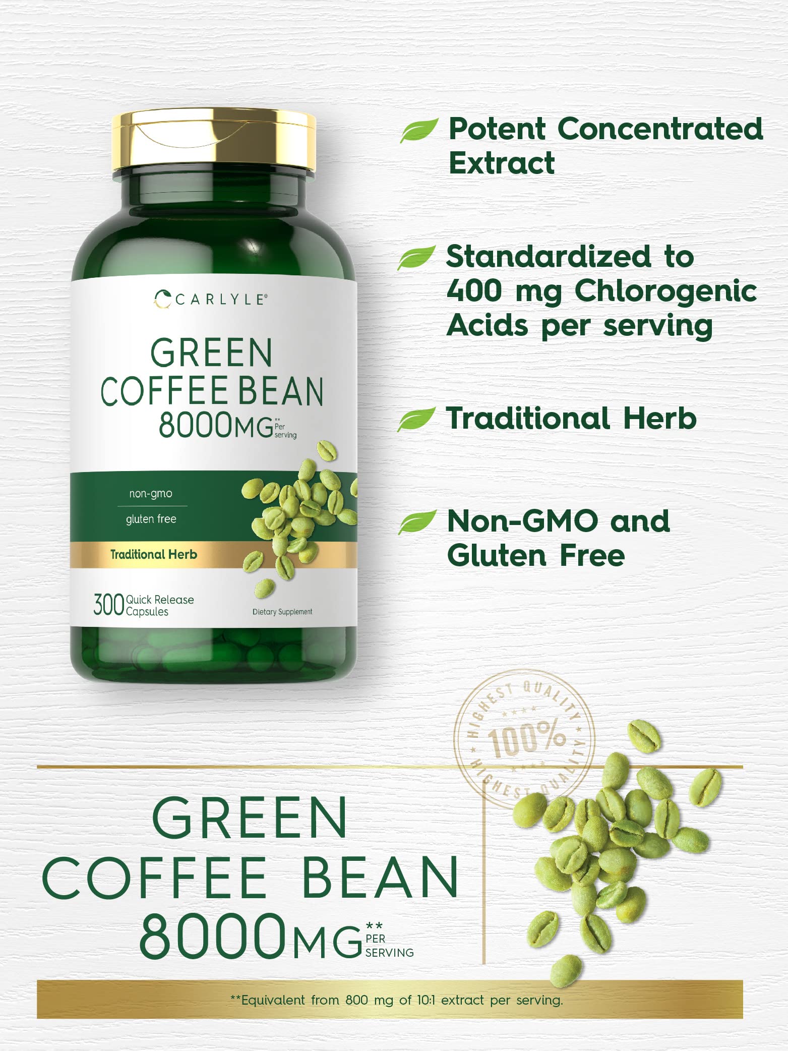 Carlyle Green Coffee Bean Extract | 8000 mg | 300 Capsules | Non-GMO and Gluten Free Carlyle