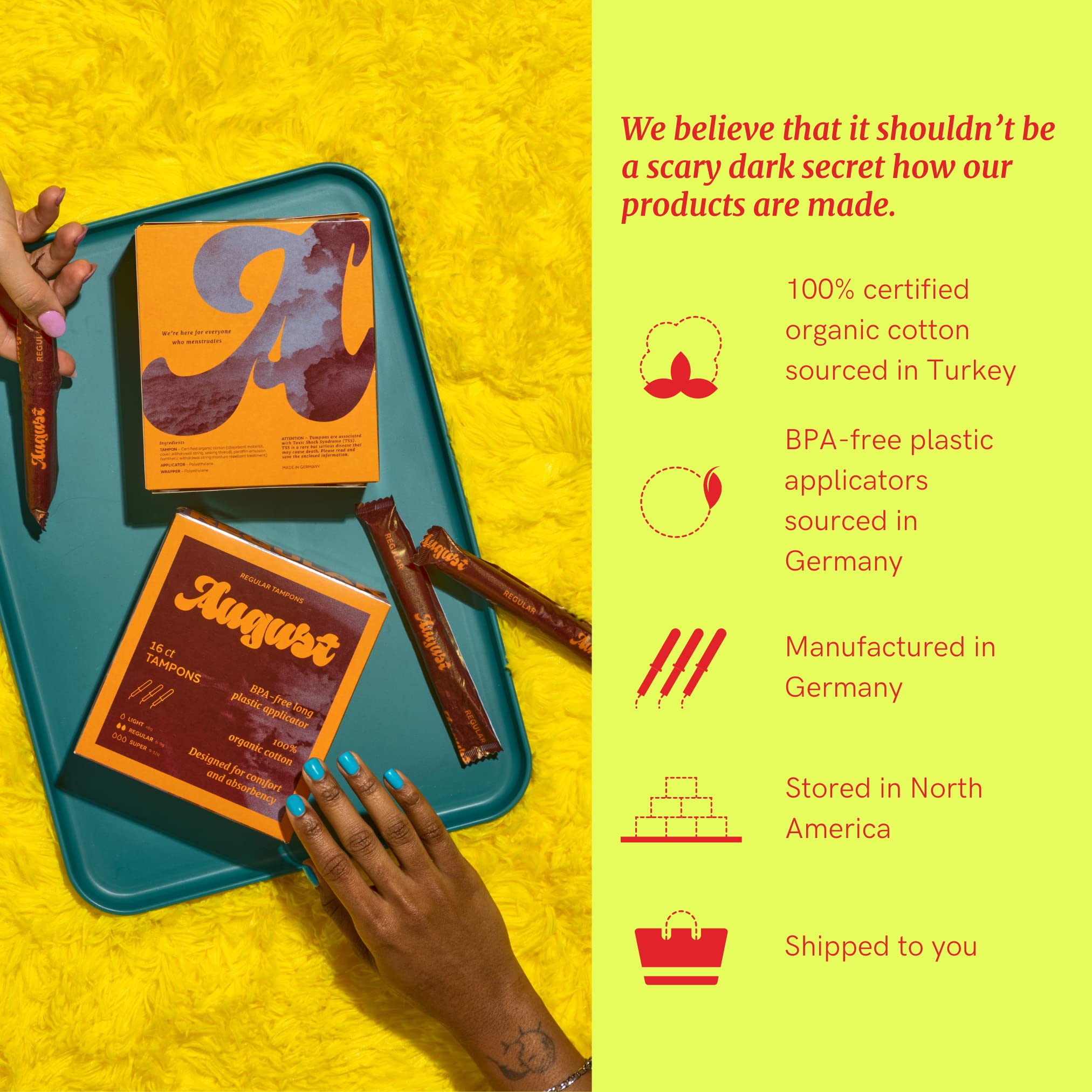 August Organic Cotton Tampons, Regular tampons, BPA Free Long Applicators, Non-Toxic Organic August