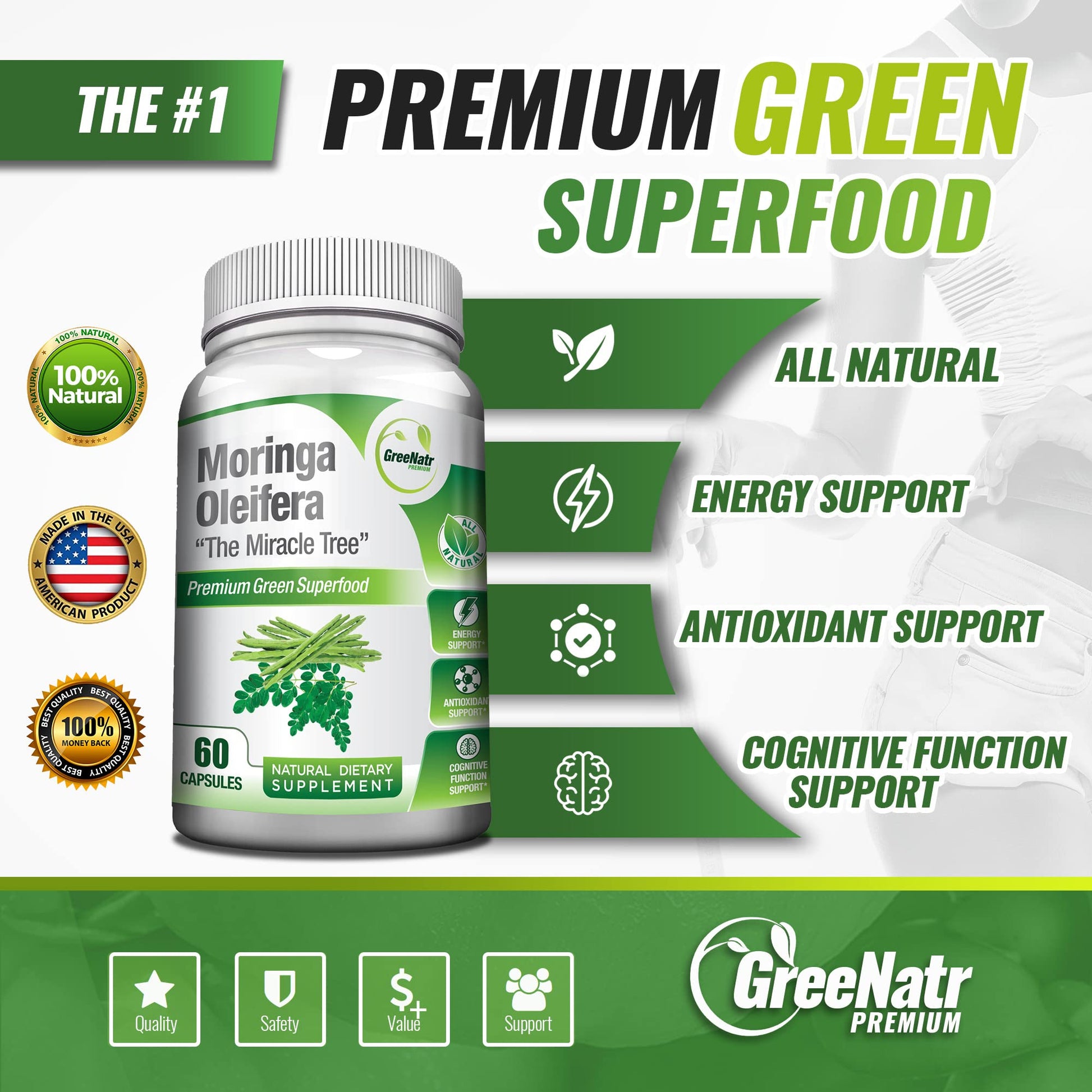 GreeNatr Pure Moringa Oleifera for Mood Enhancement Plus Menopause Support Complex for Hot Flashes GreeNatr