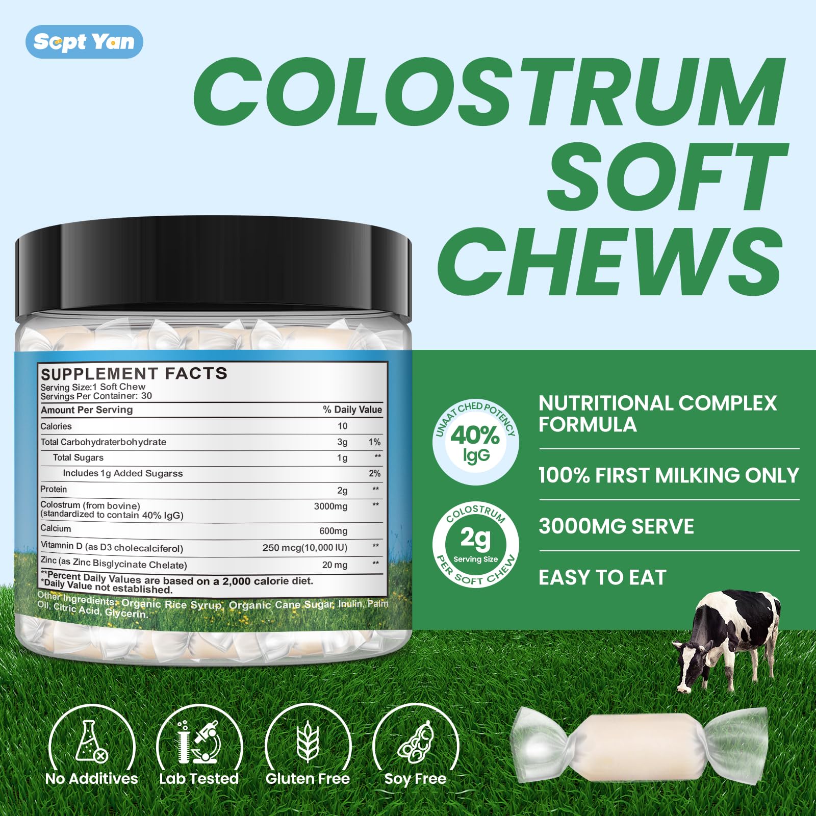 Colostrum Soft Chew Supplement (3000mg + 40% IgG), Concentrated Bovine Colostrum SEPT YAN