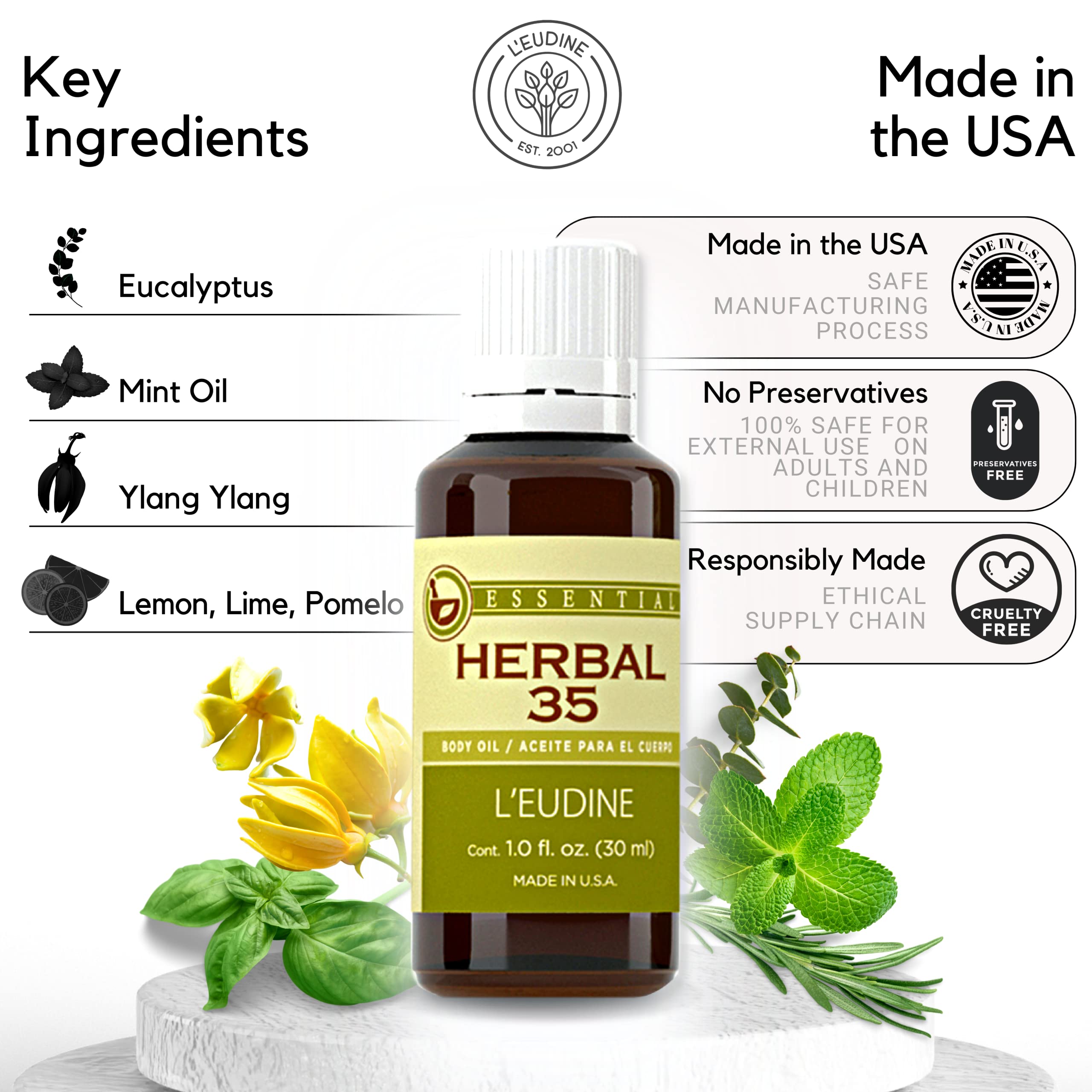 L'eudine Herbal 35 Essential Oil, Soothing and Calming Eucalyptus Essential Oil, Powerful Blend L'eudine