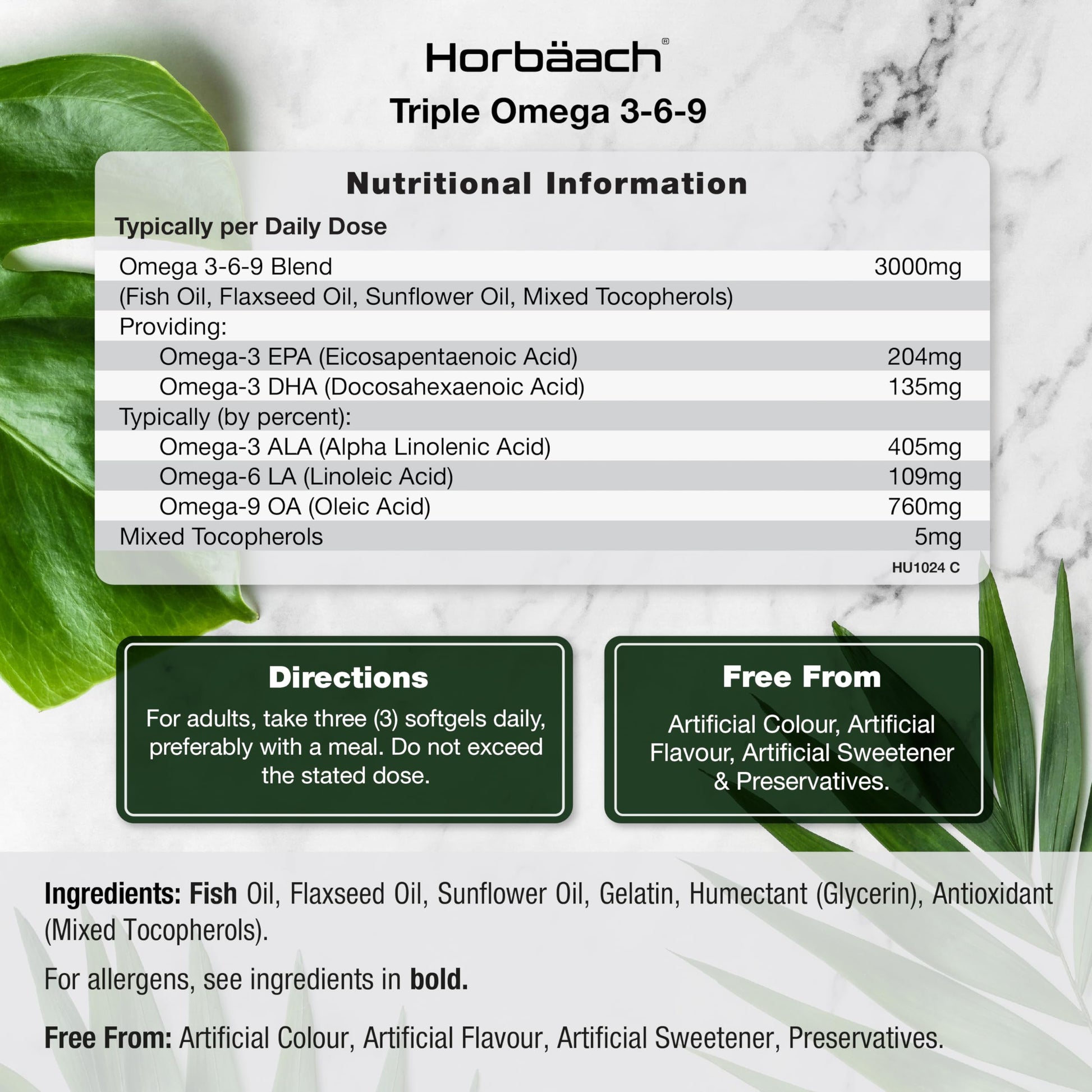 Omega 3 6 9 Capsules High Strength | 3000mg | 120 Softgels | Triple Omega 369 Horbäach