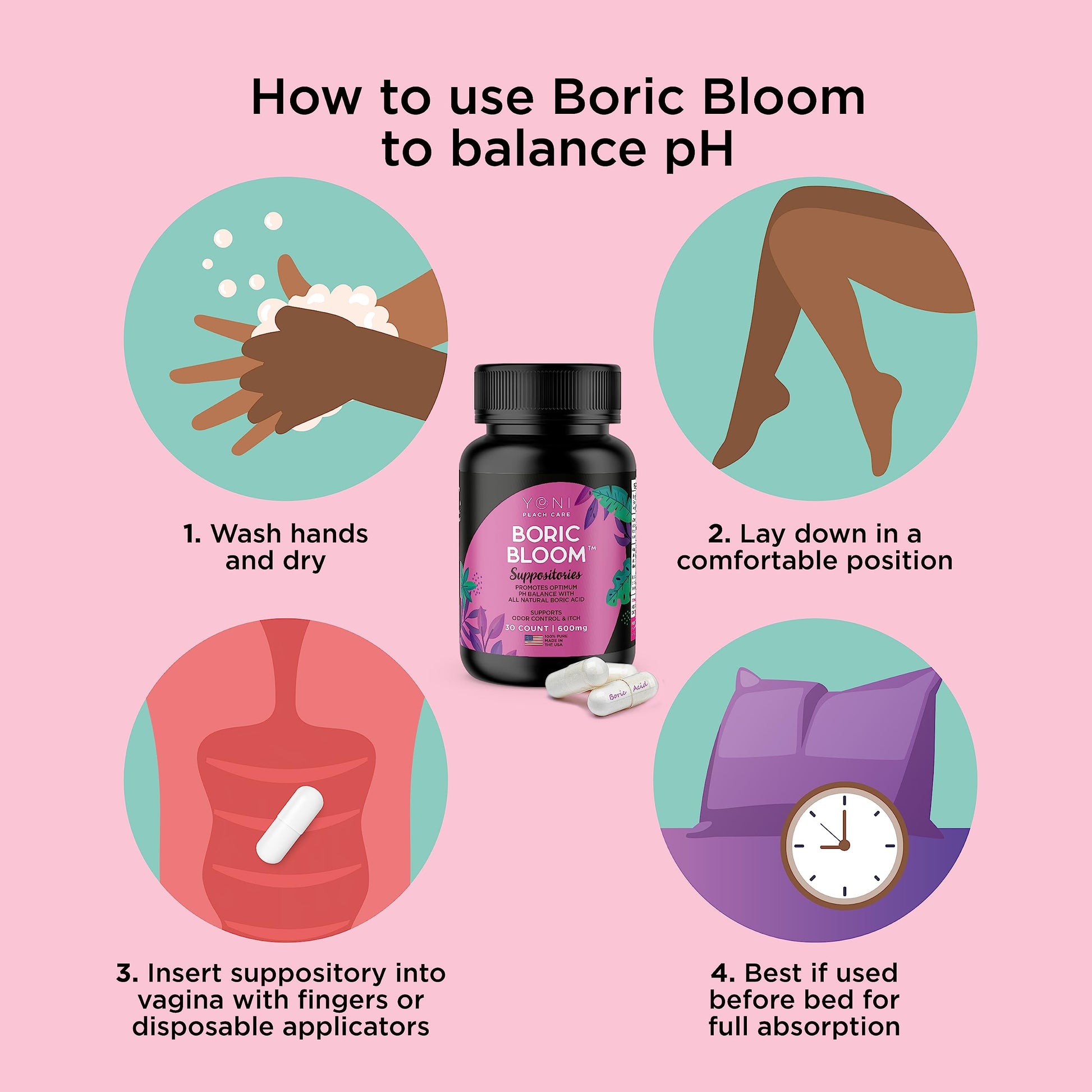 Boric Acid Suppositories - Vaginial Suppository Bacterial Vaginosis, pH Balance for Women Pills Yoni Peach Care