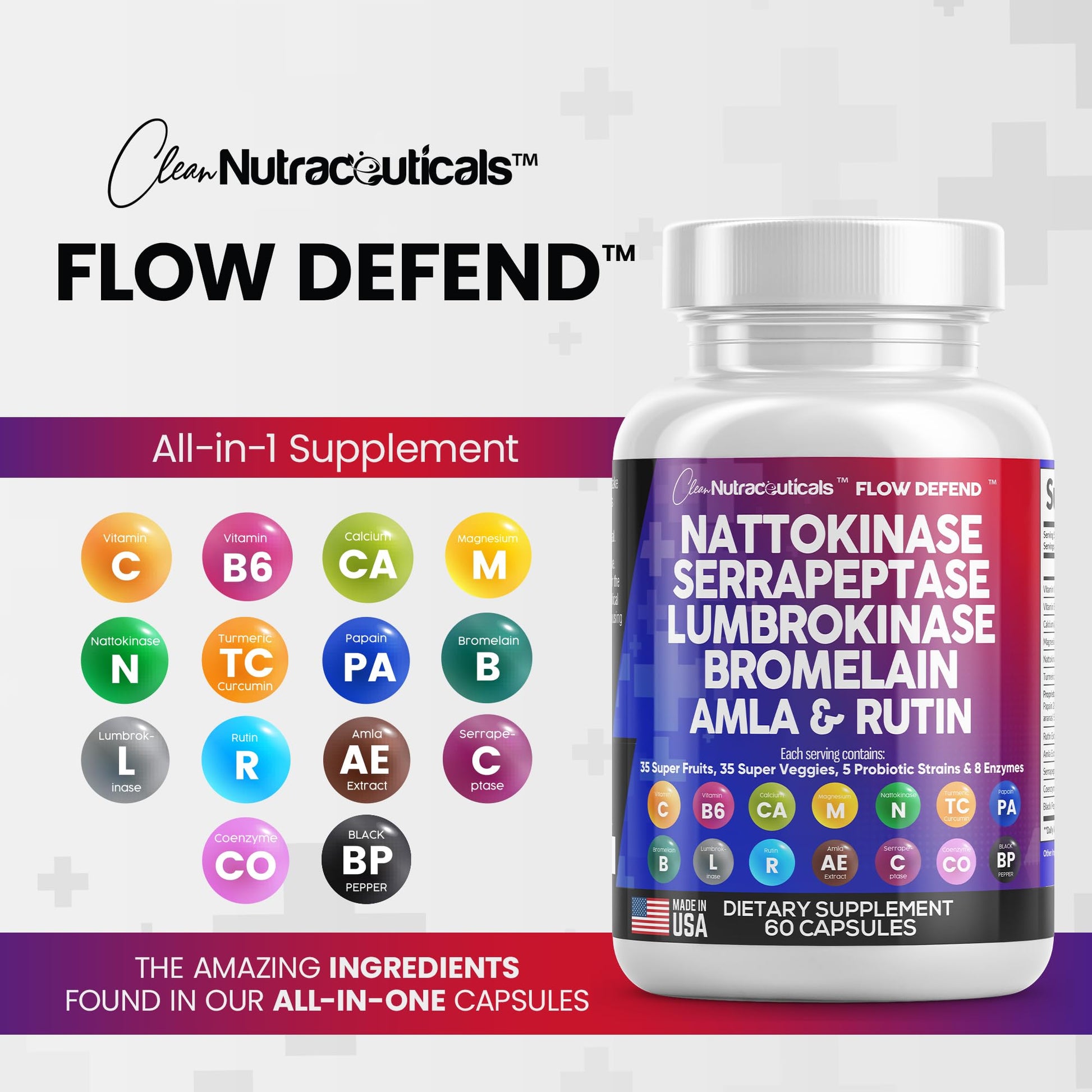 Nattokinase 4000 FU Serrapeptase 120000 SPU Lumbrokinase Enzyme