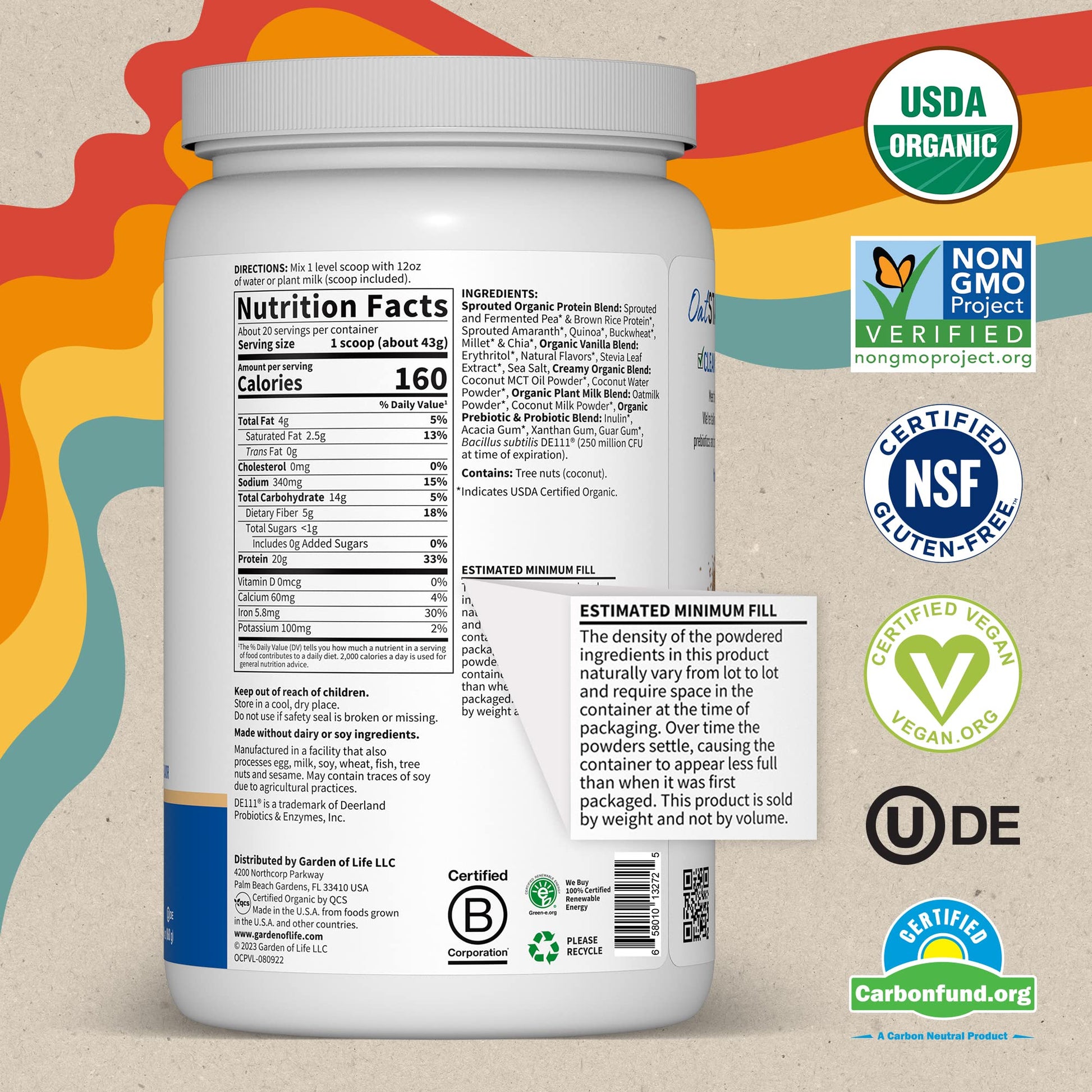 Garden of Life Creamy Vanilla Cookie Protein Powder + Oatmilk 20g Organic Vegan Plant Garden of Life