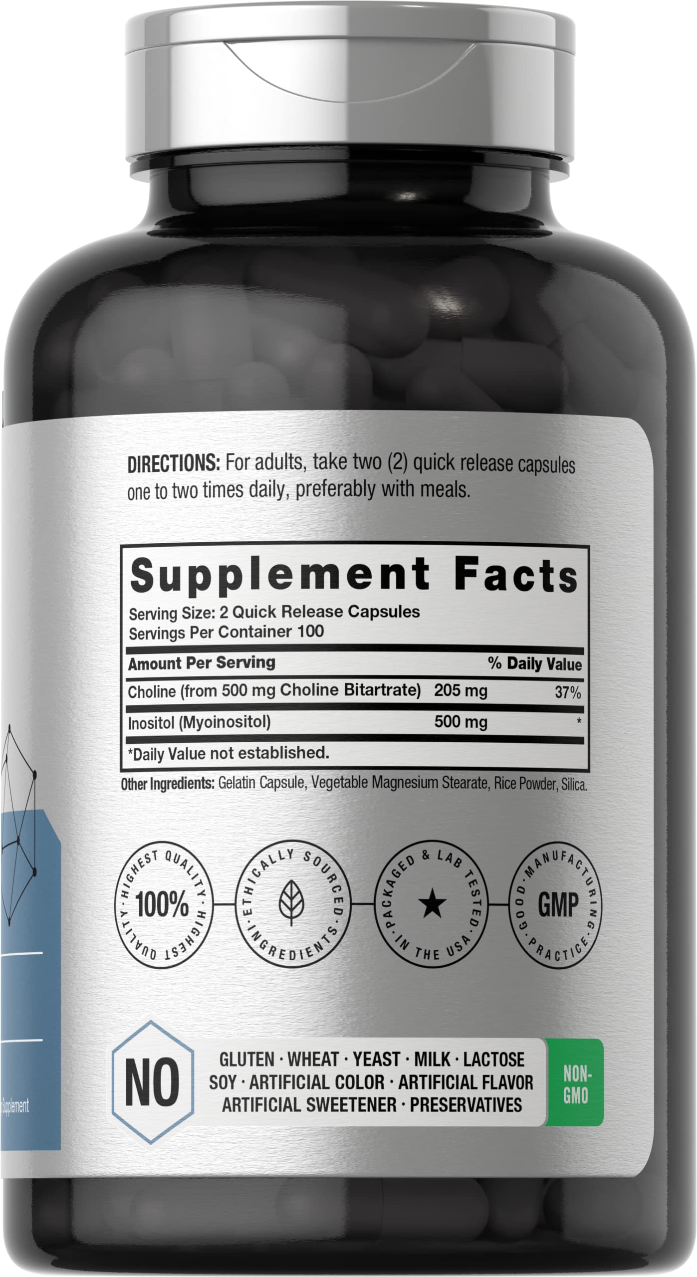 Choline Inositol 1000mg Supplement | 200 Capsules | Non-GMO, Gluten Free | by Horbaach Horbäach