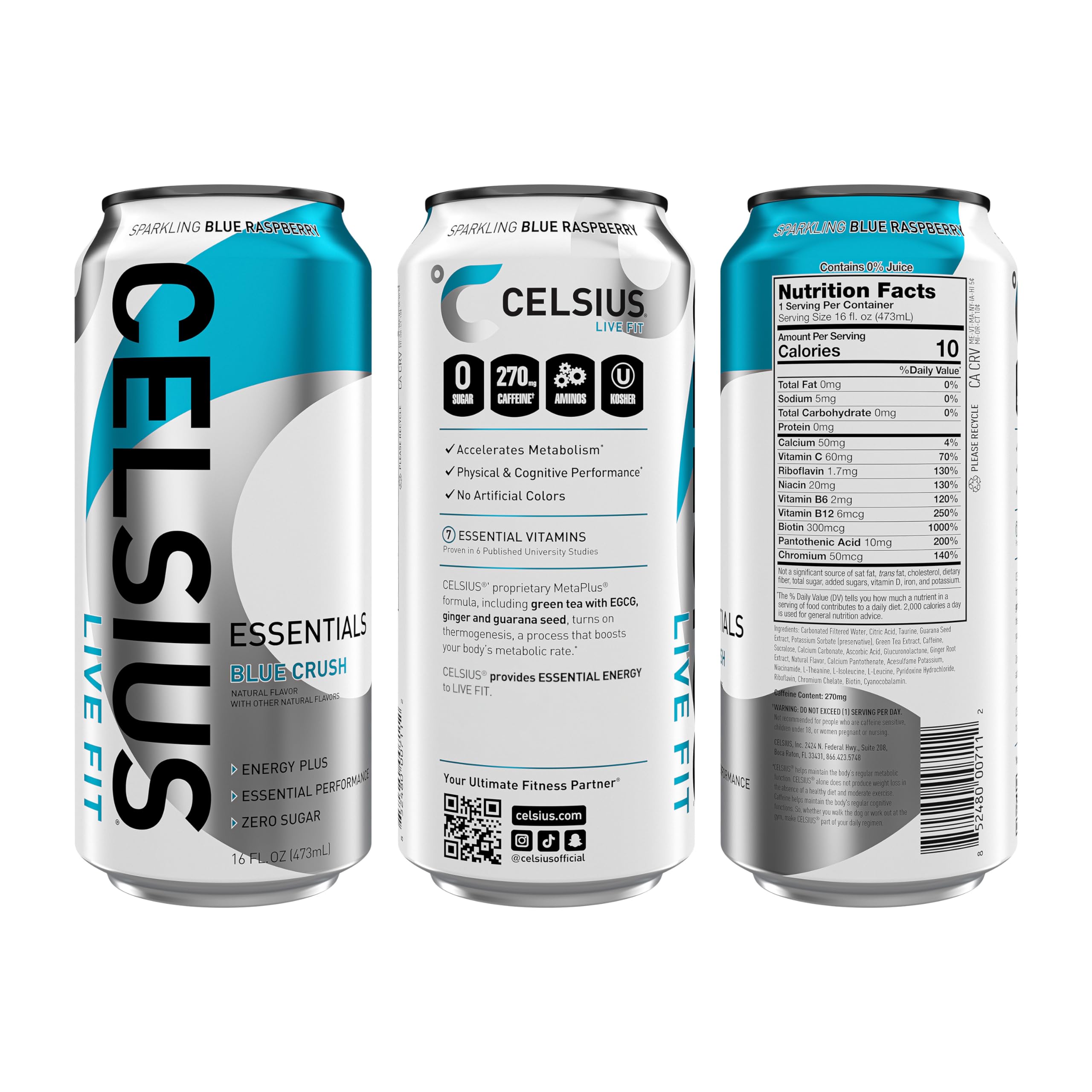 CELSIUS ESSENTIALS, Sparkling Blue Crush, Performance Energy Drink 16 Fl Oz (Pack of 12) CELSIUS