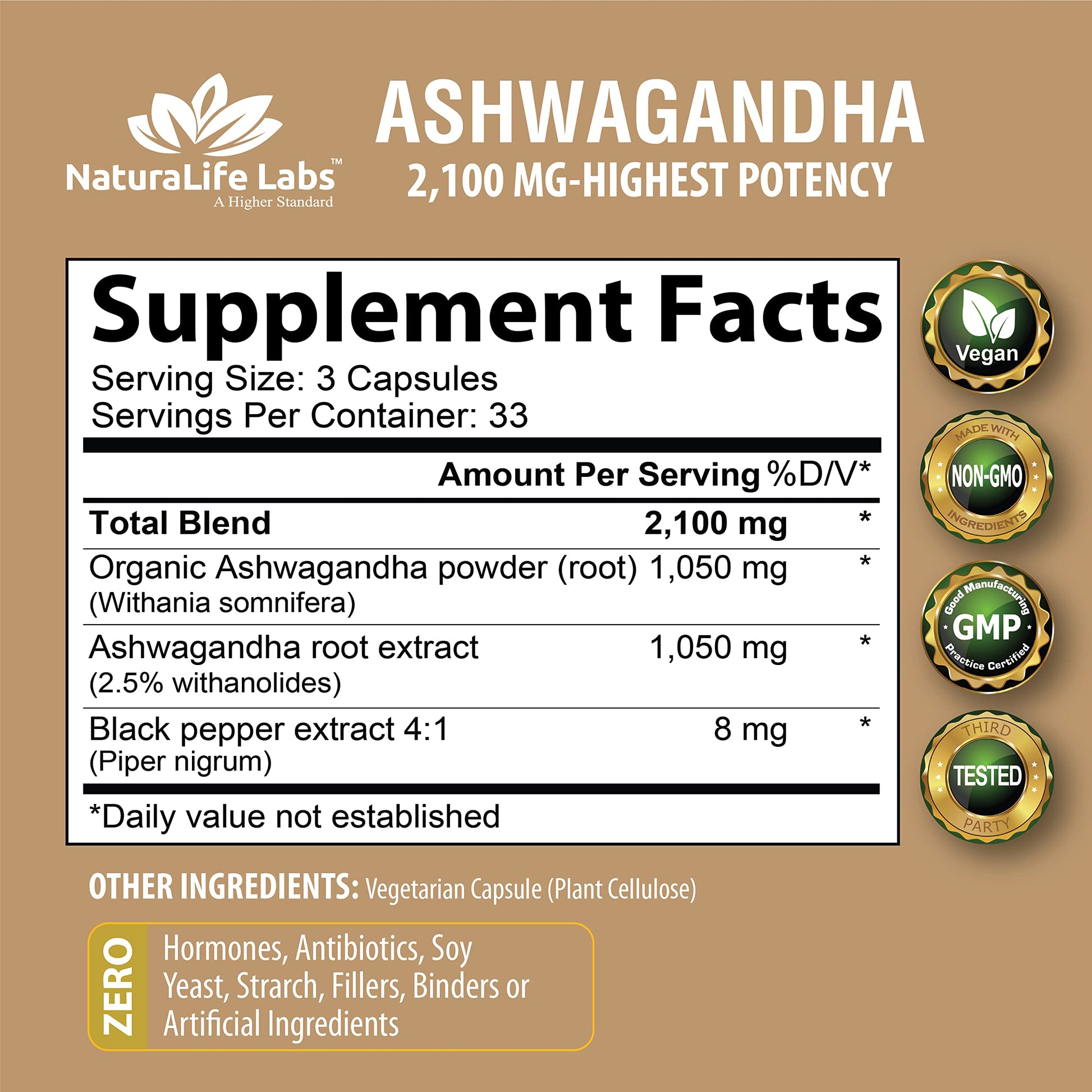 Organic Ashwagandha 2,100 mg - 100 Vegan Capsules Pure Organic Ashwagandha Powder NaturaLife Labs A Higher Standard