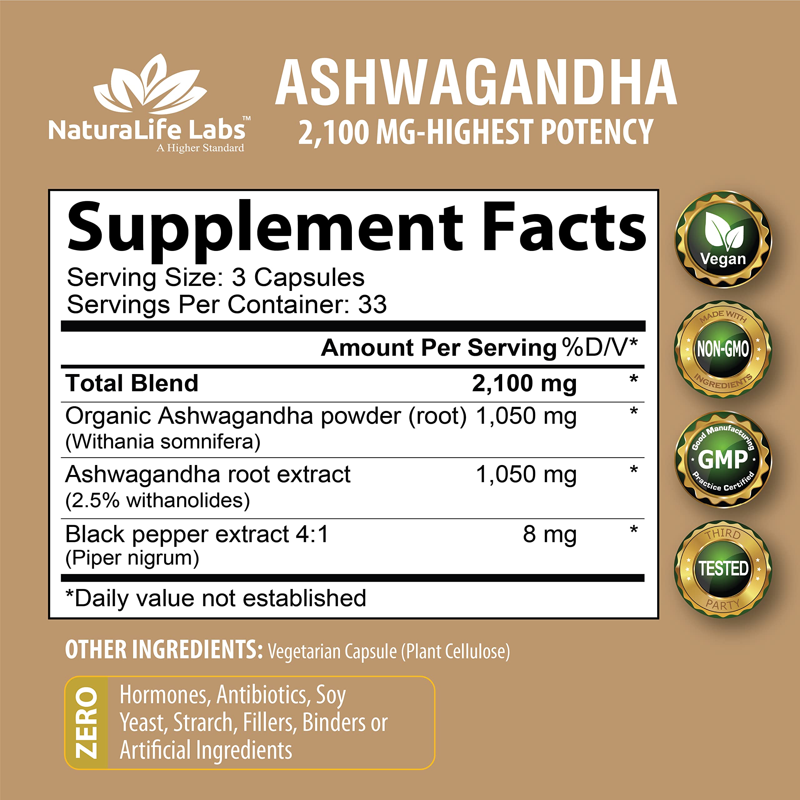 Organic Ashwagandha 2,100 mg - 100 Vegan Capsules Pure Organic Ashwagandha Powder NaturaLife Labs A Higher Standard