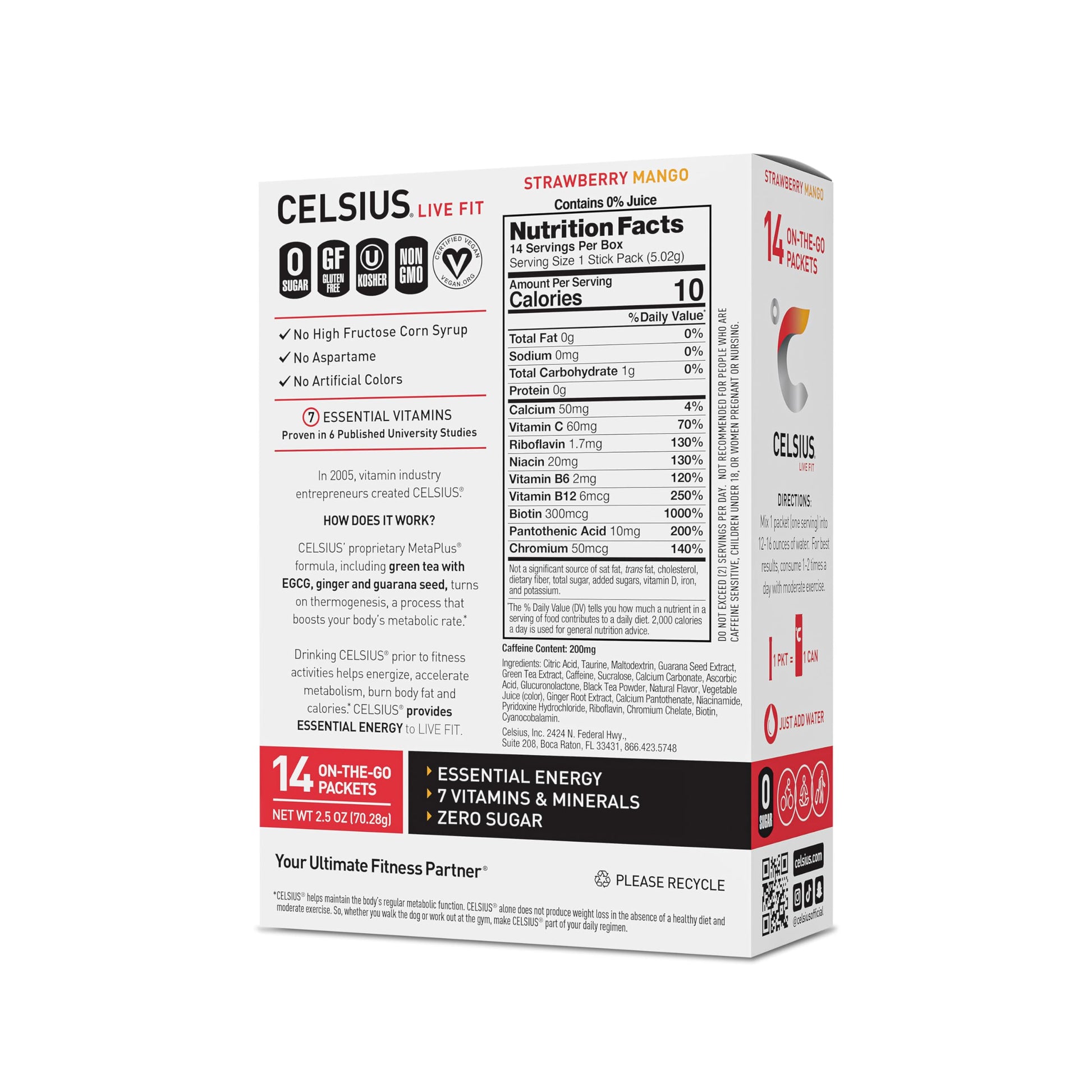 CELSIUS On-the-Go Powder Sticks Strawberry Mango, Essential Energy 14 Sticks per Pack CELSIUS