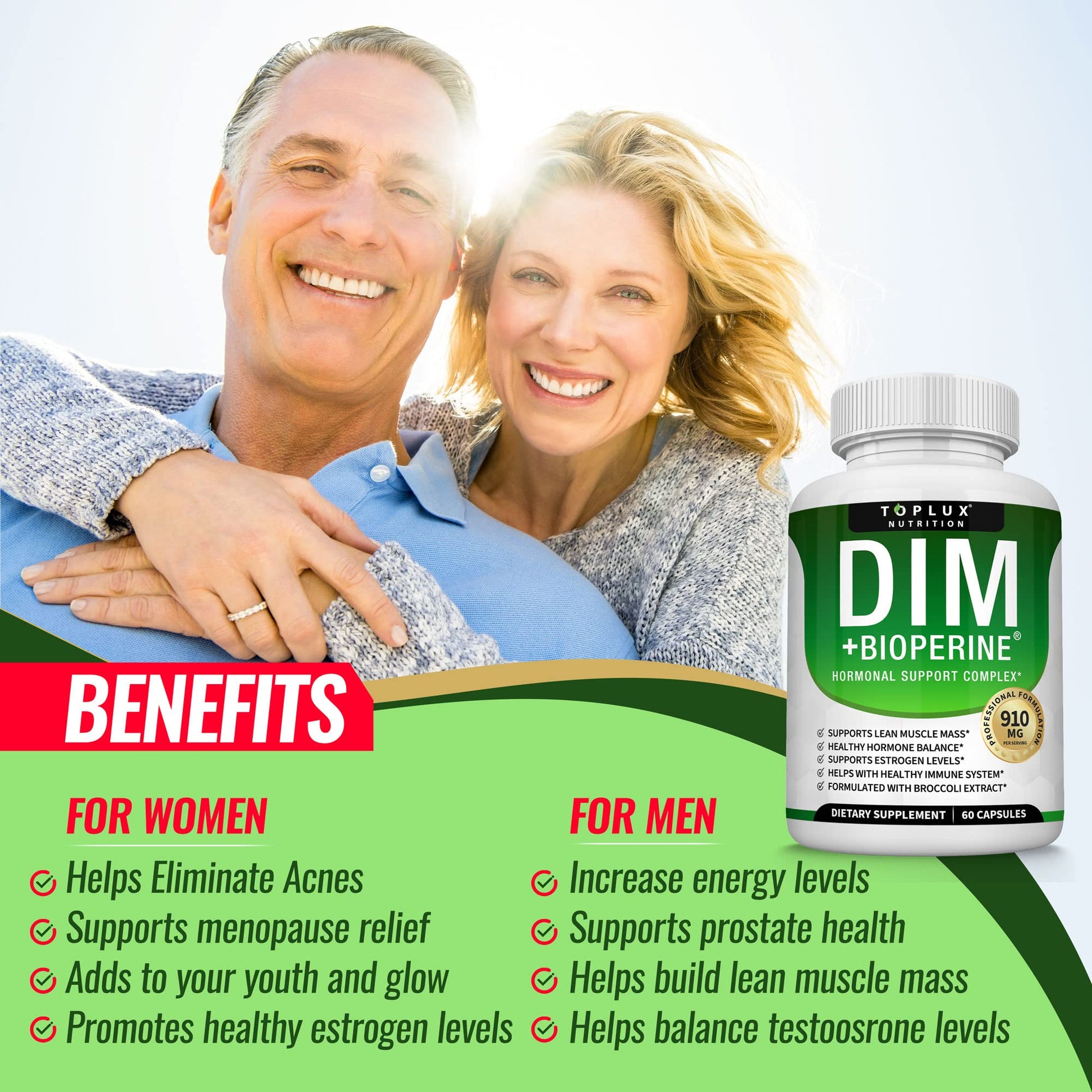Dim Supplement 910 mg Plus BioPerine Complex - Diindolylmethane to Support Hormone Balance Toplux