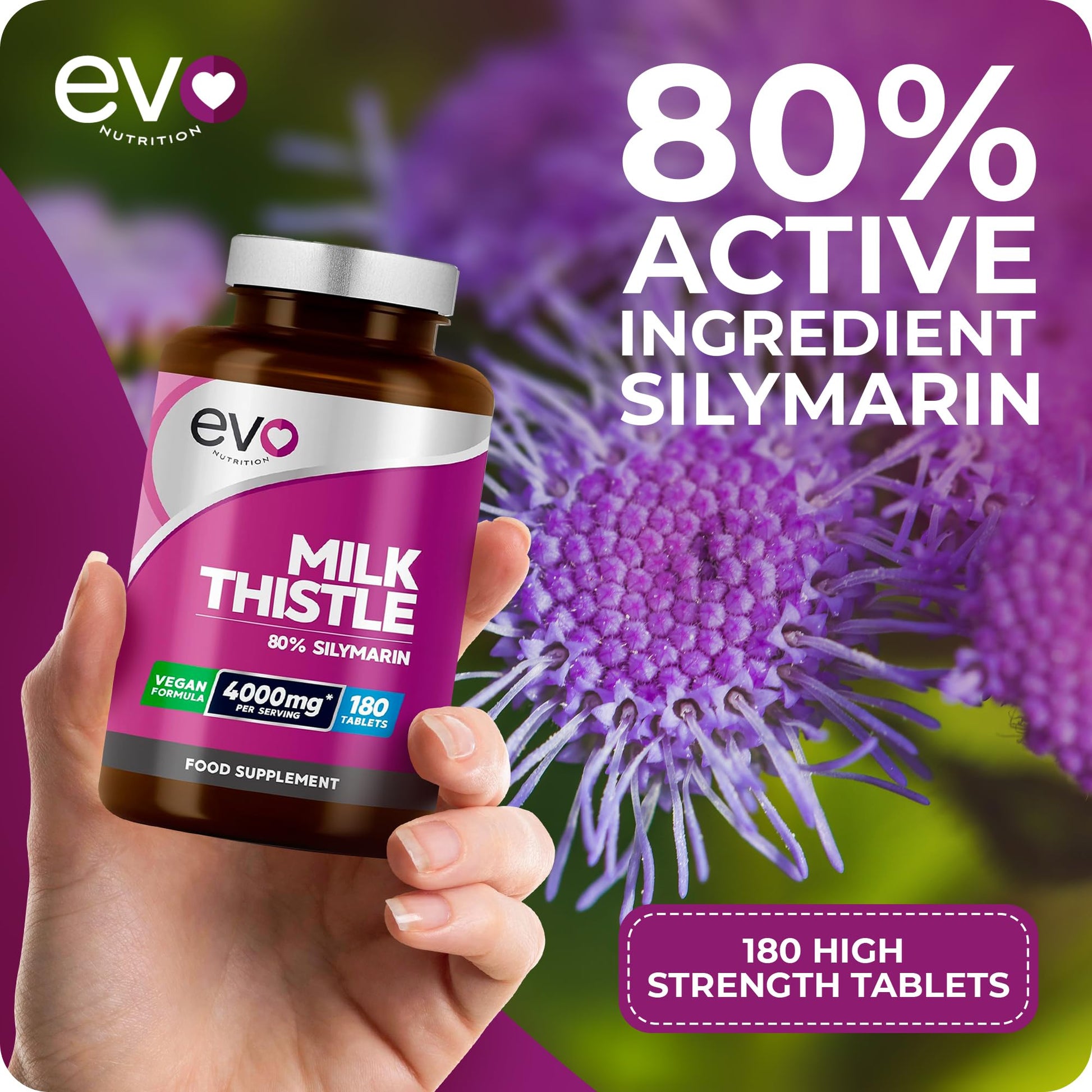 Milk Thistle Tablets 4000mg | 80% Silymarin | 180 Tablets | High Strength Vegan Supple EVO NUTRITION