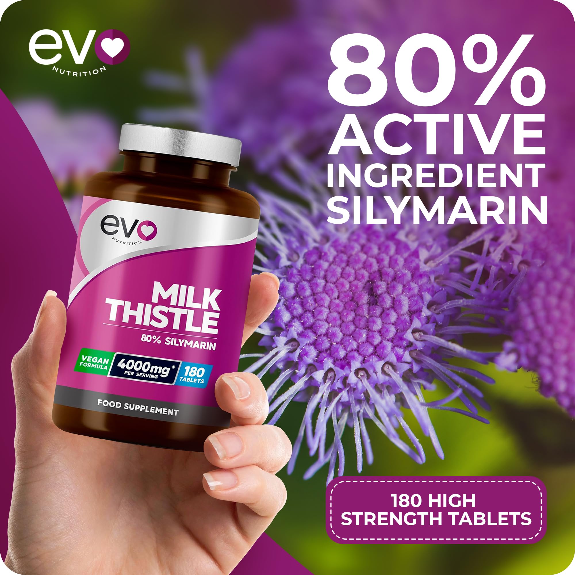 Milk Thistle Tablets 4000mg | 80% Silymarin | 180 Tablets | High Strength Vegan Supple EVO NUTRITION