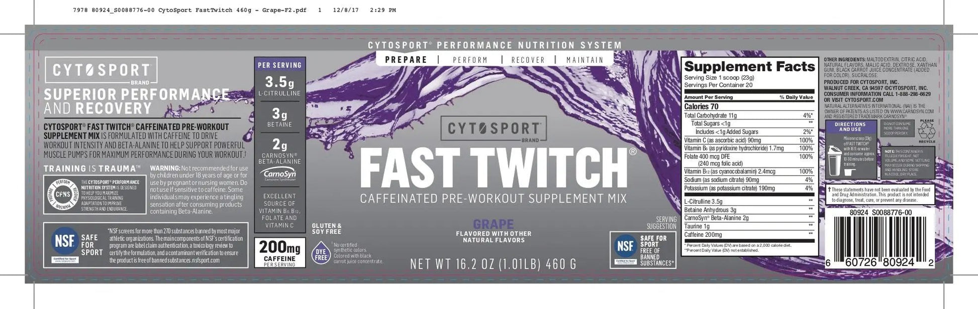 Fast Twitch from the makers of Gatorade,Caffeinated Pre-workout Supplement Mix,Grape Fast Twitch