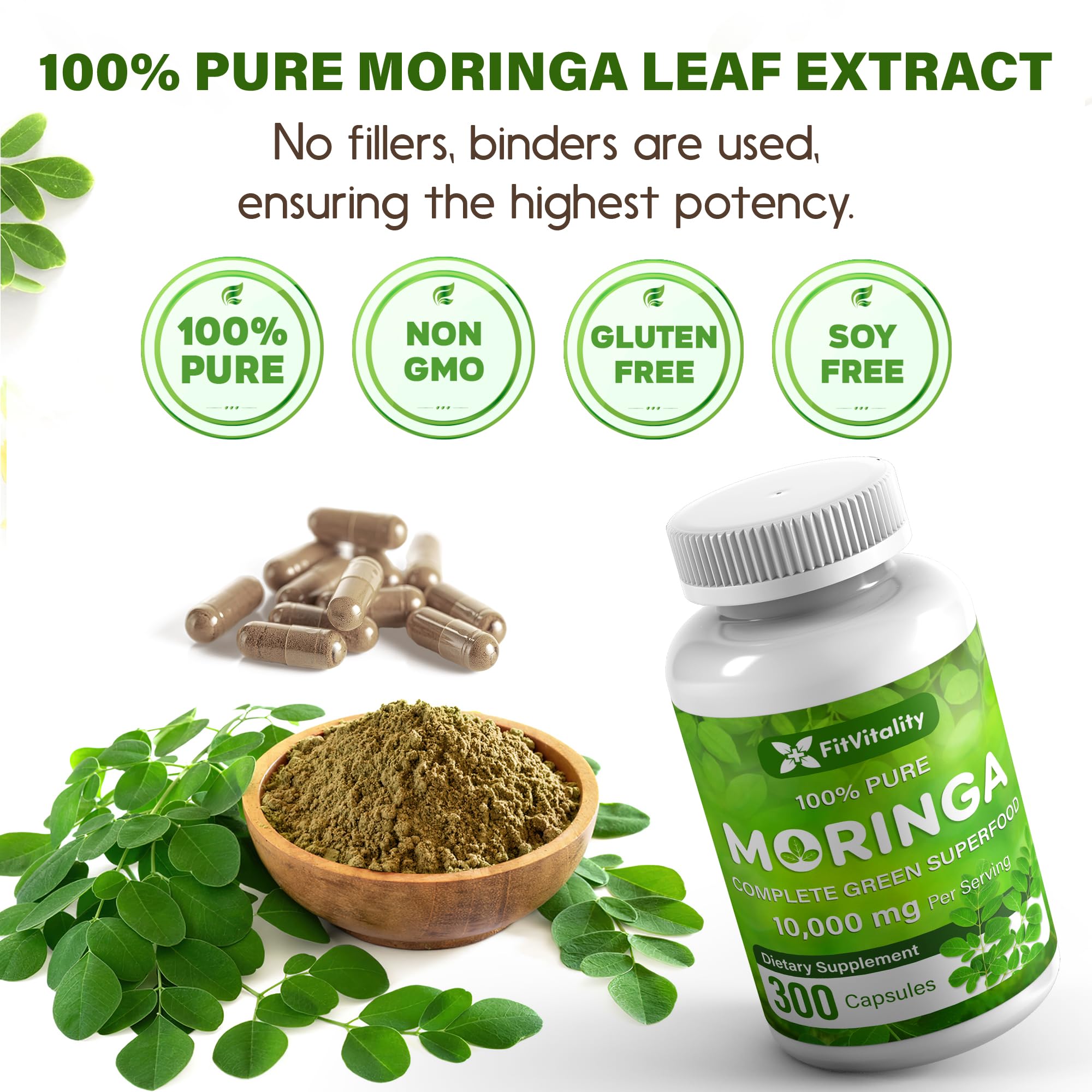 Moringa Capsules| Moringa Oleifera |10,000mg| 150 Capsules| 100% Pure| Non-GMO FitVitality