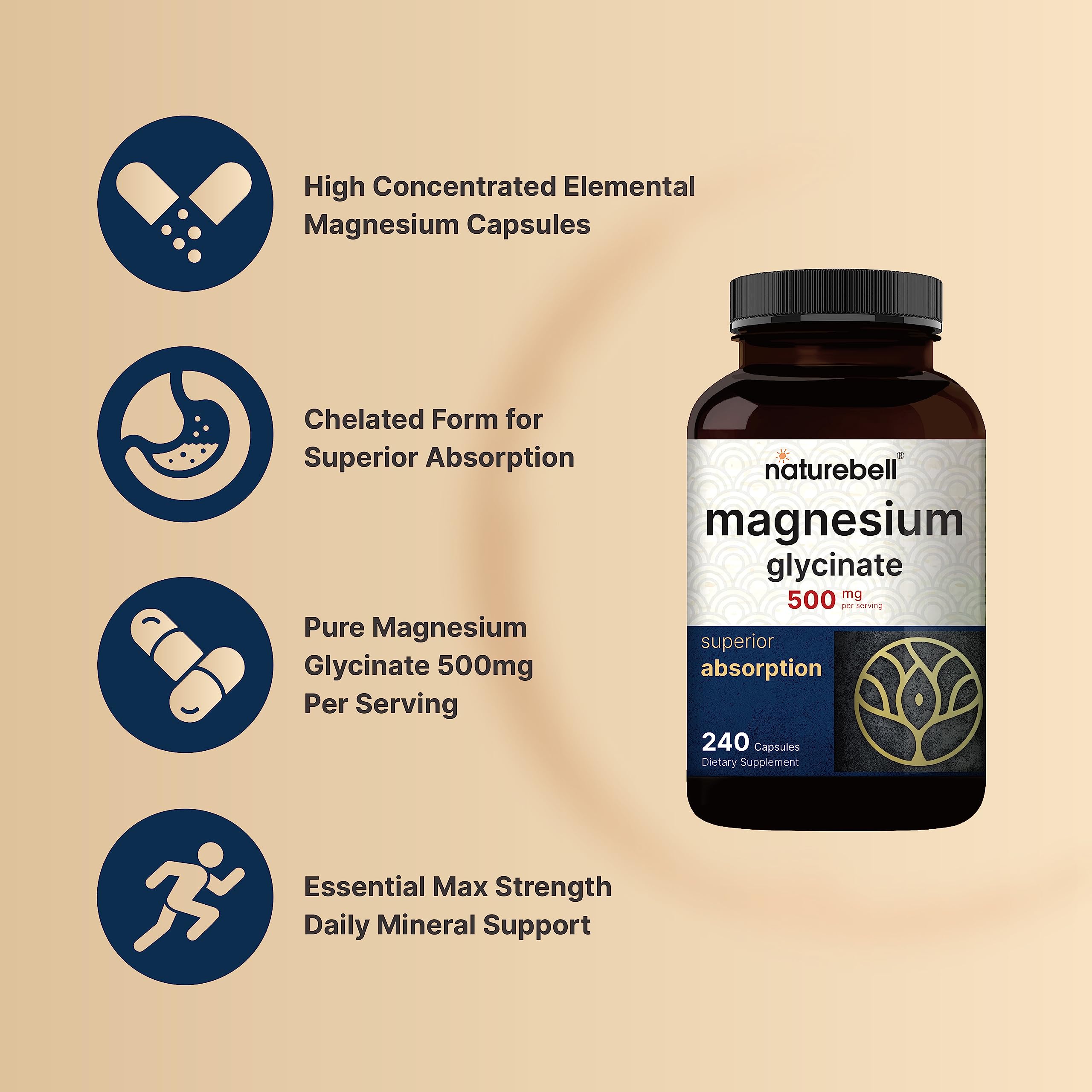 NatureBell Magnesium Glycinate Capsules 500mg | 240 Count, 100% Chelated & Purified NatureBell