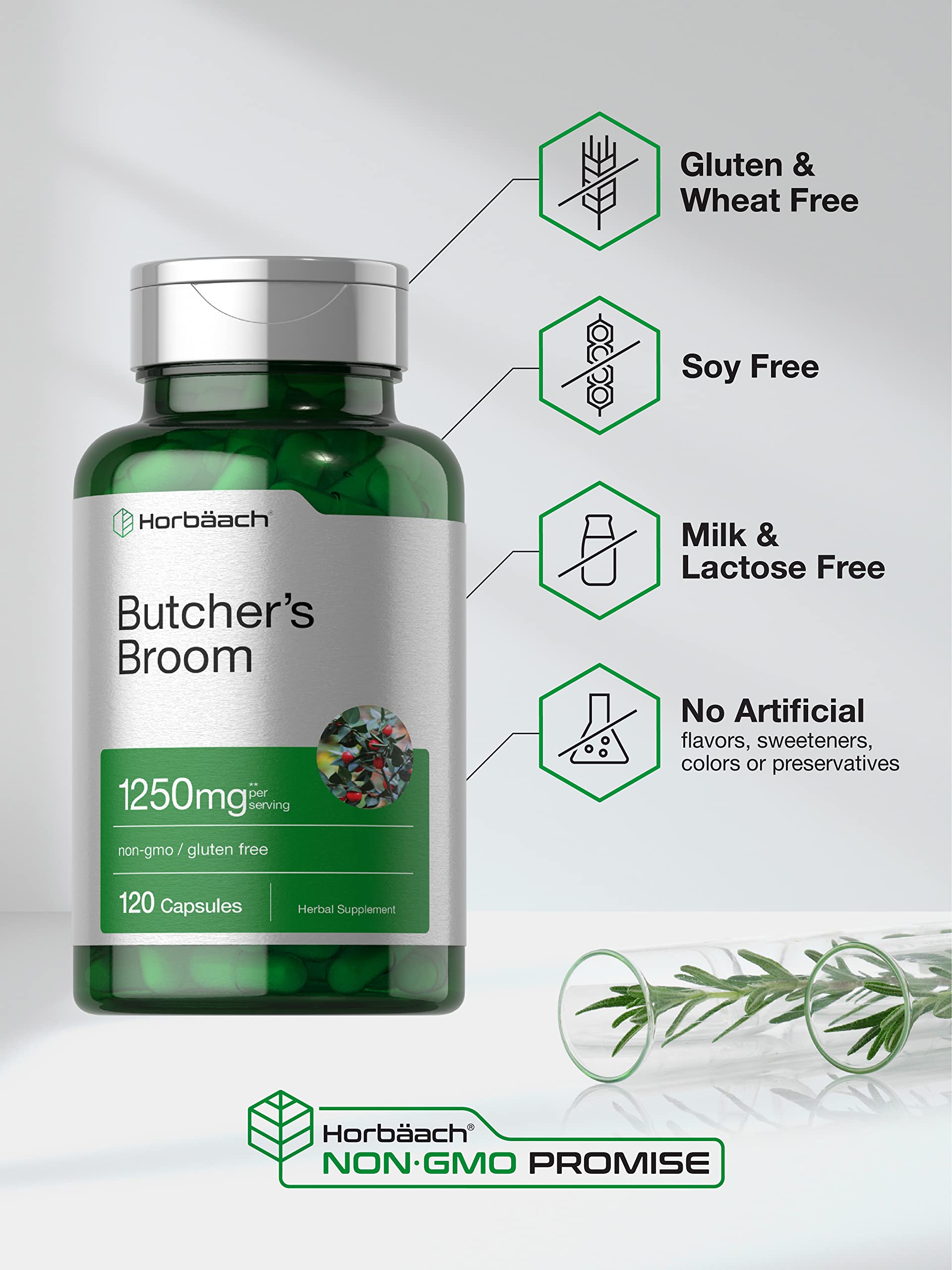 Butchers Broom Capsules 1250mg | 120 Count | Non-GMO, Gluten Free | Traditional Herb Horbäach