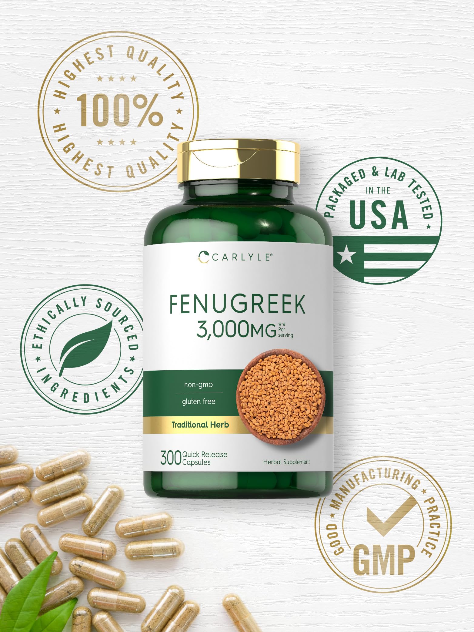 Carlyle Fenugreek Capsules 3000 mg | 300 Count | Non-GMO & Gluten Free Extract Carlyle