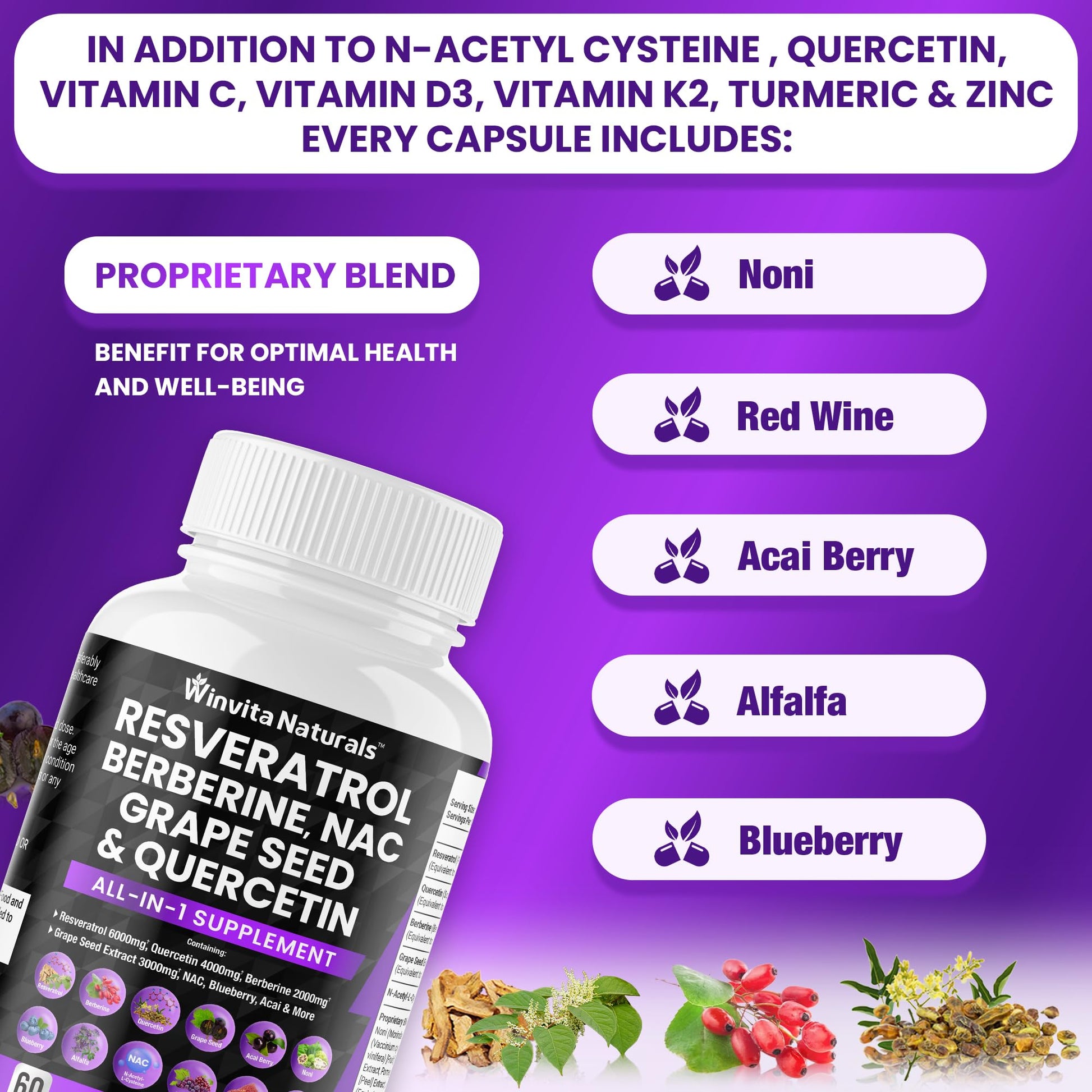Resveratrol 6000mg Quercetin 4000mg Berberine 2000mg Grape Seed Extract 3000mg Winvita Naturals