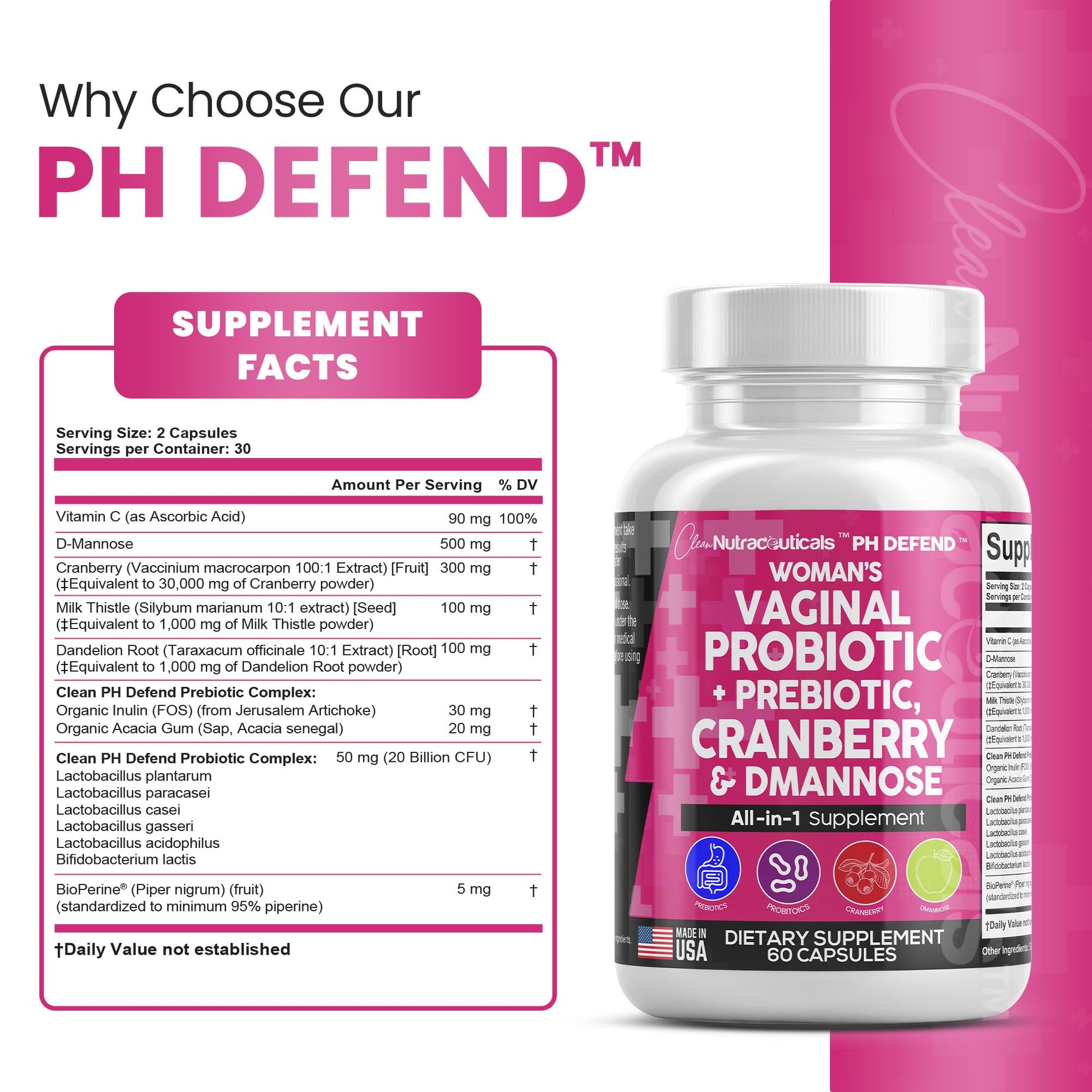 Vaginal Probiotics For Women + Prebiotics 20 Billion Cranberry Pills 30,000mg w/ D-Manno Clean Nutraceuticals