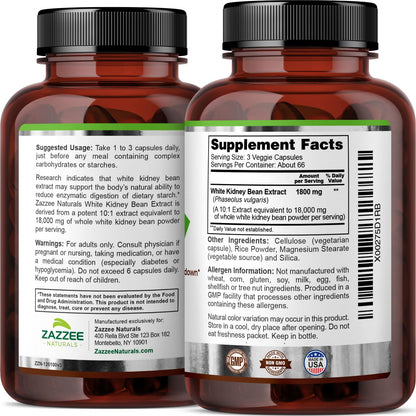Zazzee White Kidney Bean 10:1 Extract, 18,000 mg Strength, 200 Vegan Capsules, Over 2 Month Supply