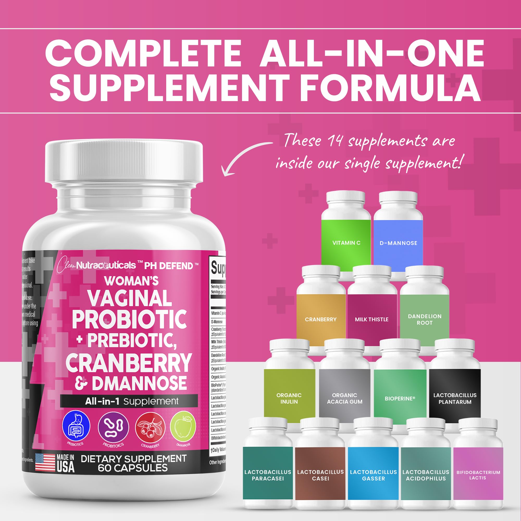 Vaginal Probiotics For Women + Prebiotics 20 Billion Cranberry Pills 30,000mg w/ D-Manno Clean Nutraceuticals