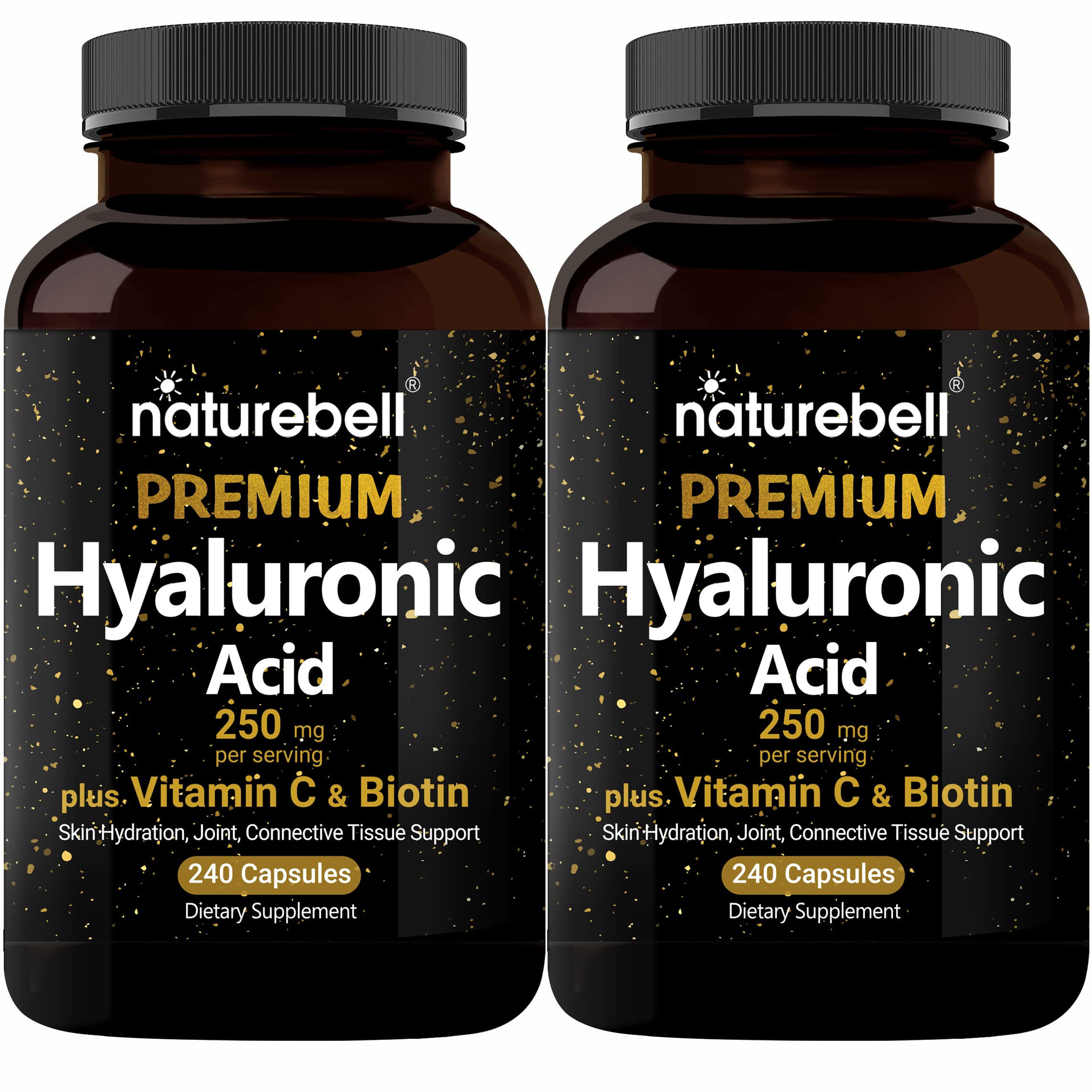 NatureBell 2 Pack Plant Based Hyaluronic Acid Supplements 250mg with 25mg Vitamin C 