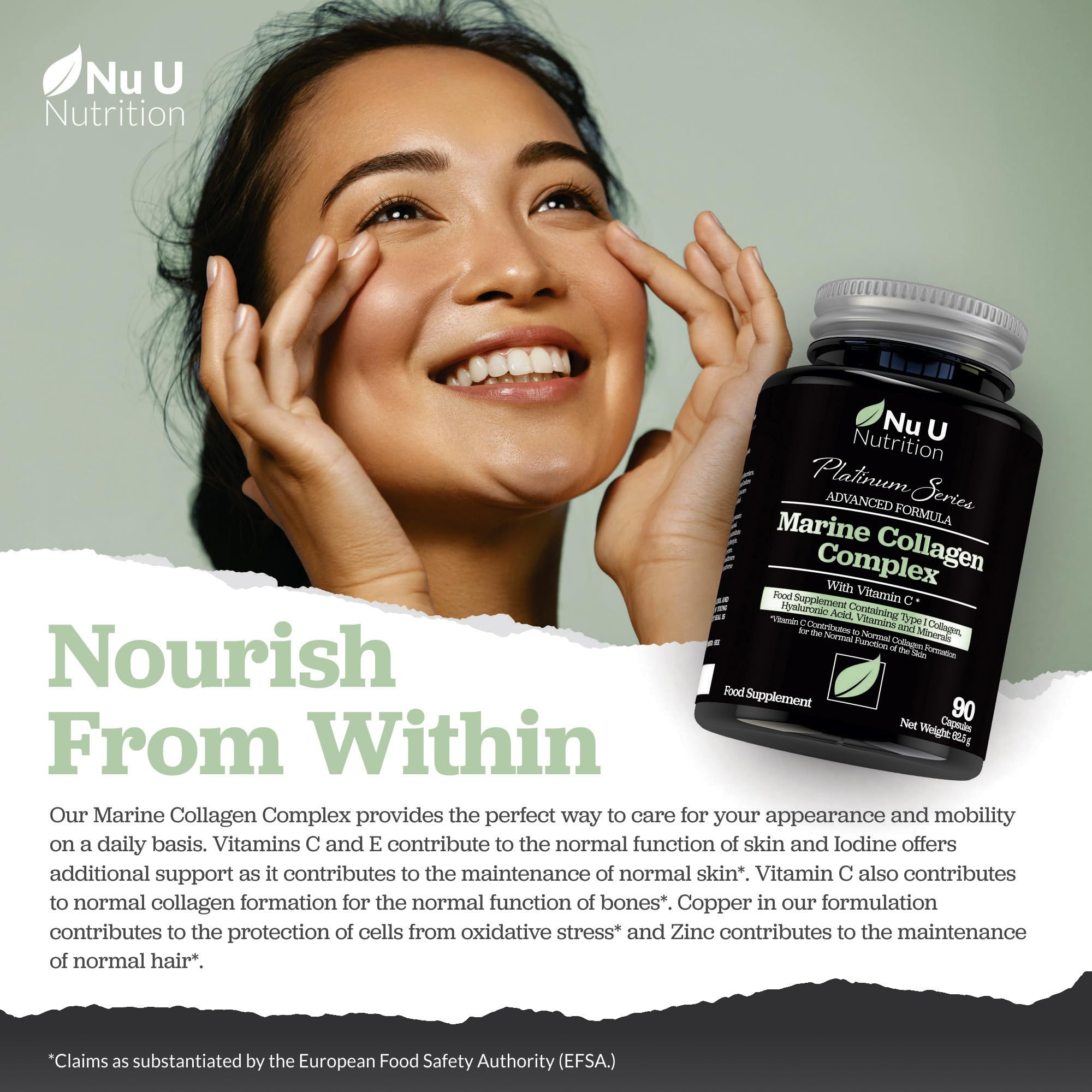 Marine Collagen with Hyaluronic Acid, Vitamin C - 90 Hydrolysed Capsules (not Tablets Nu U Nutrition