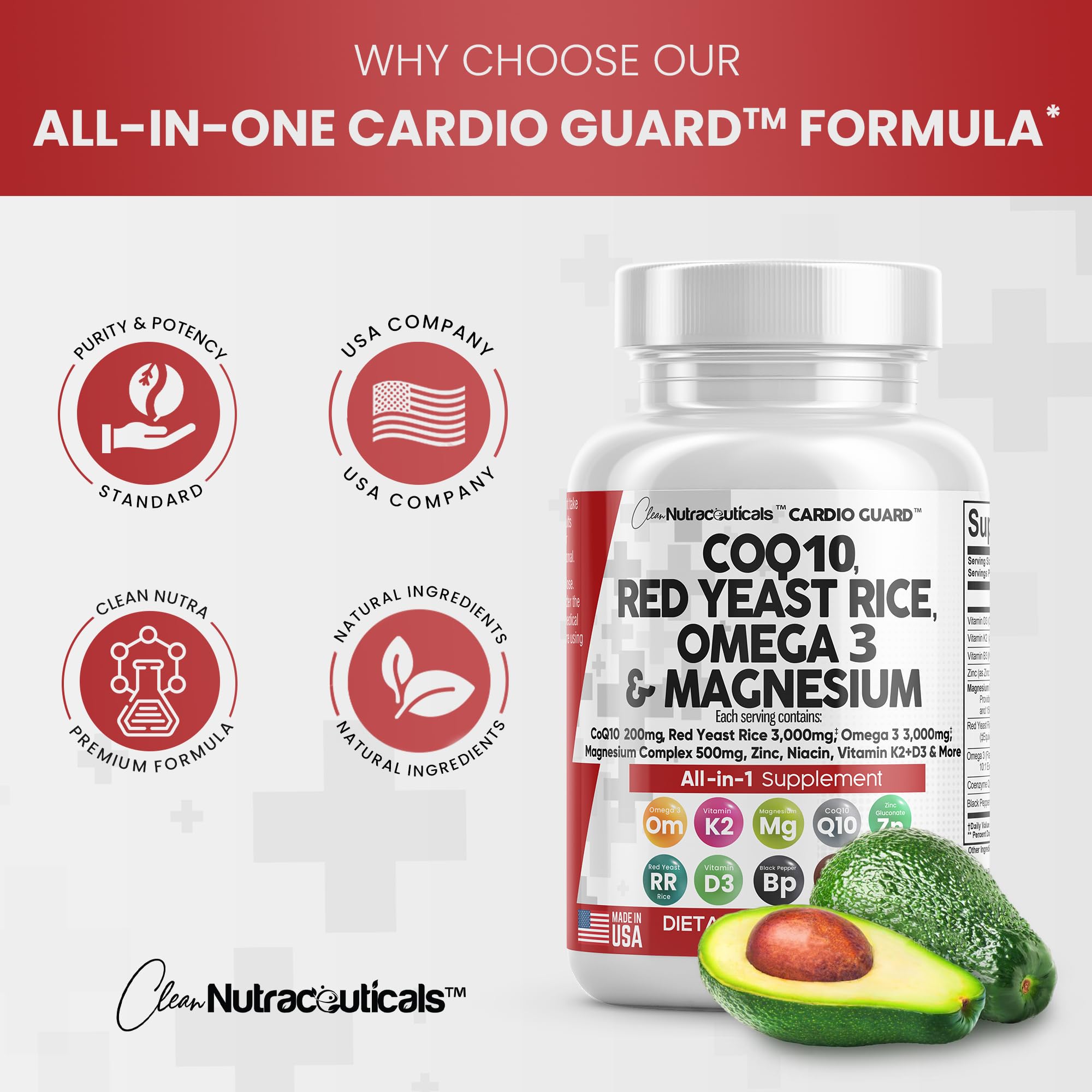 COQ10 200mg Red Yeast Rice 3000mg Omega 3 3000mg Magnesium