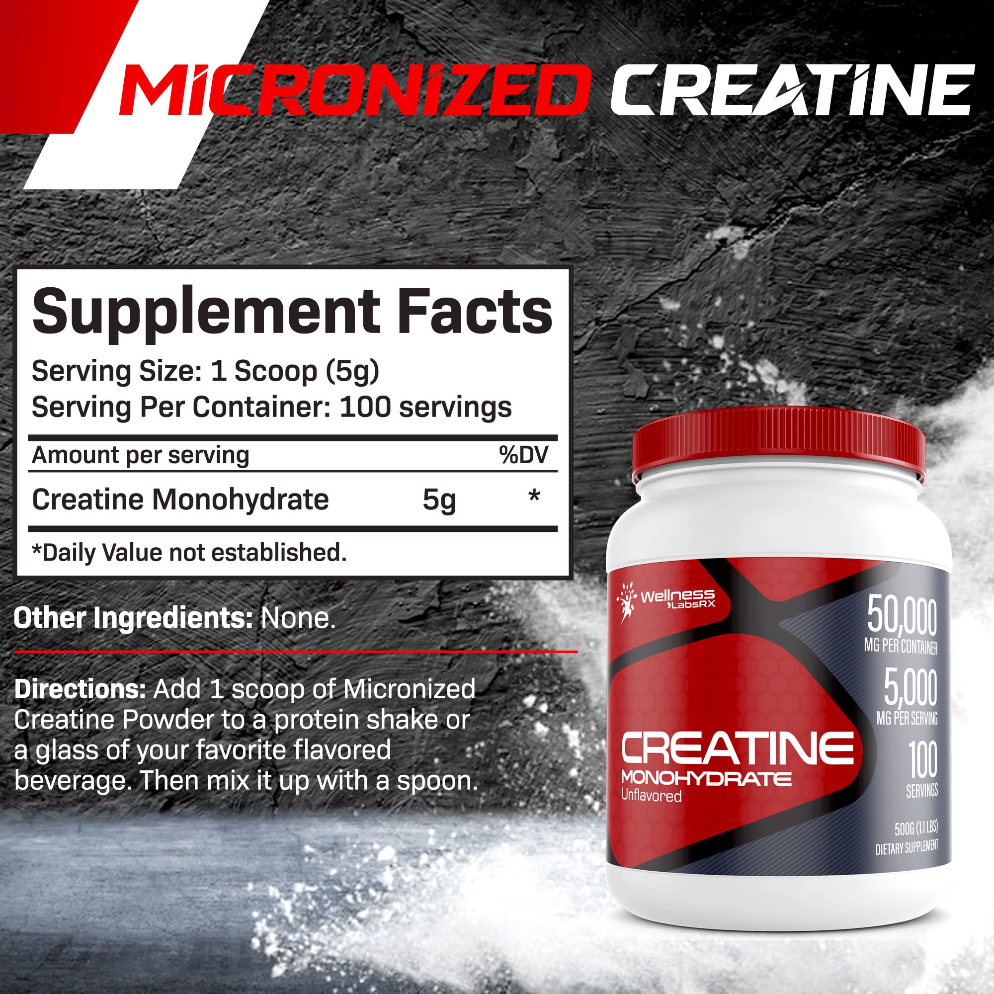 Creatine Monohydrate Powder - 5000mg Micronized for Muscle Growth, Enhanced WELLNESS LABSRX