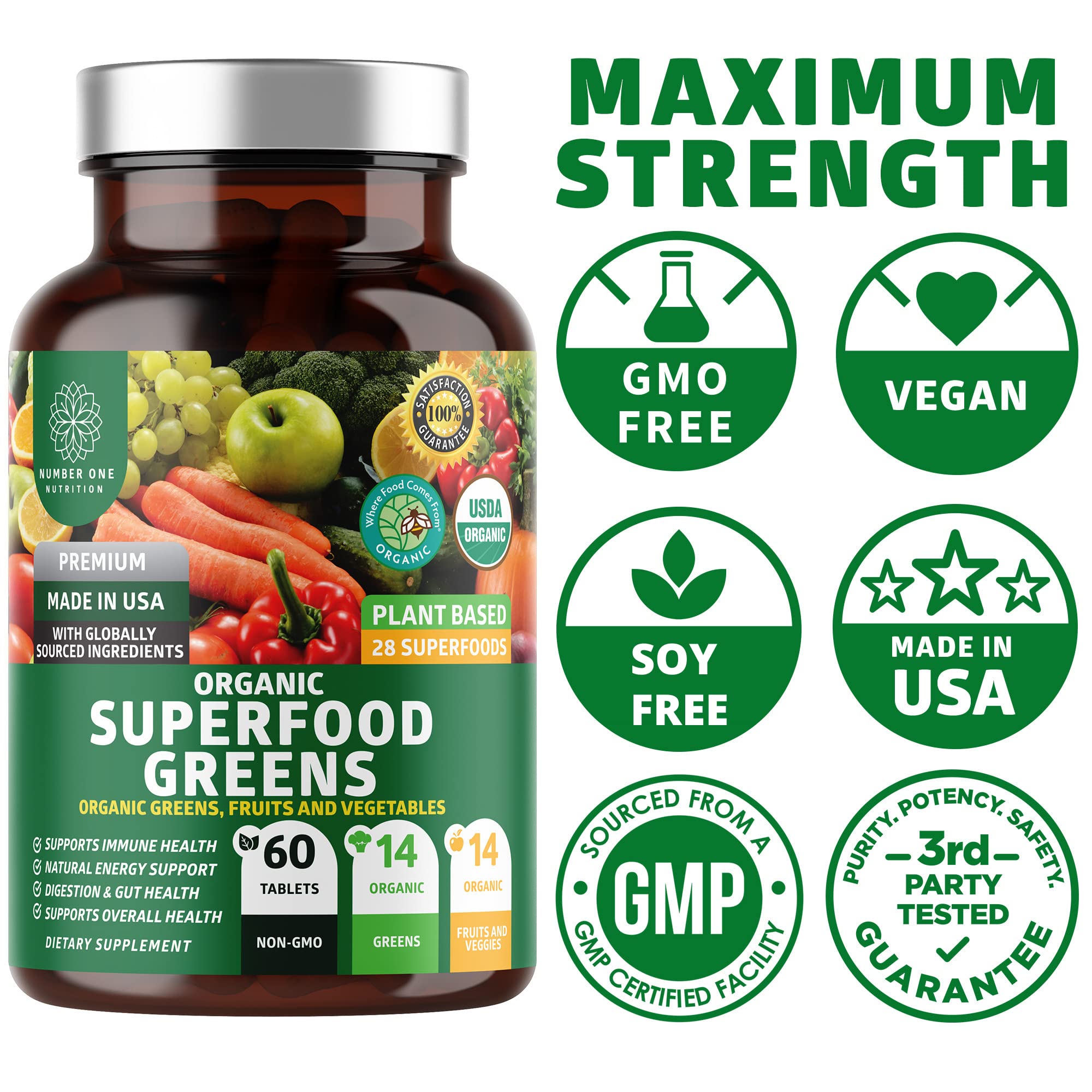 N1N Premium Organic Superfood Greens [28 Powerful Ingredients] Natural Fruit and Veggie Number One Nutrition